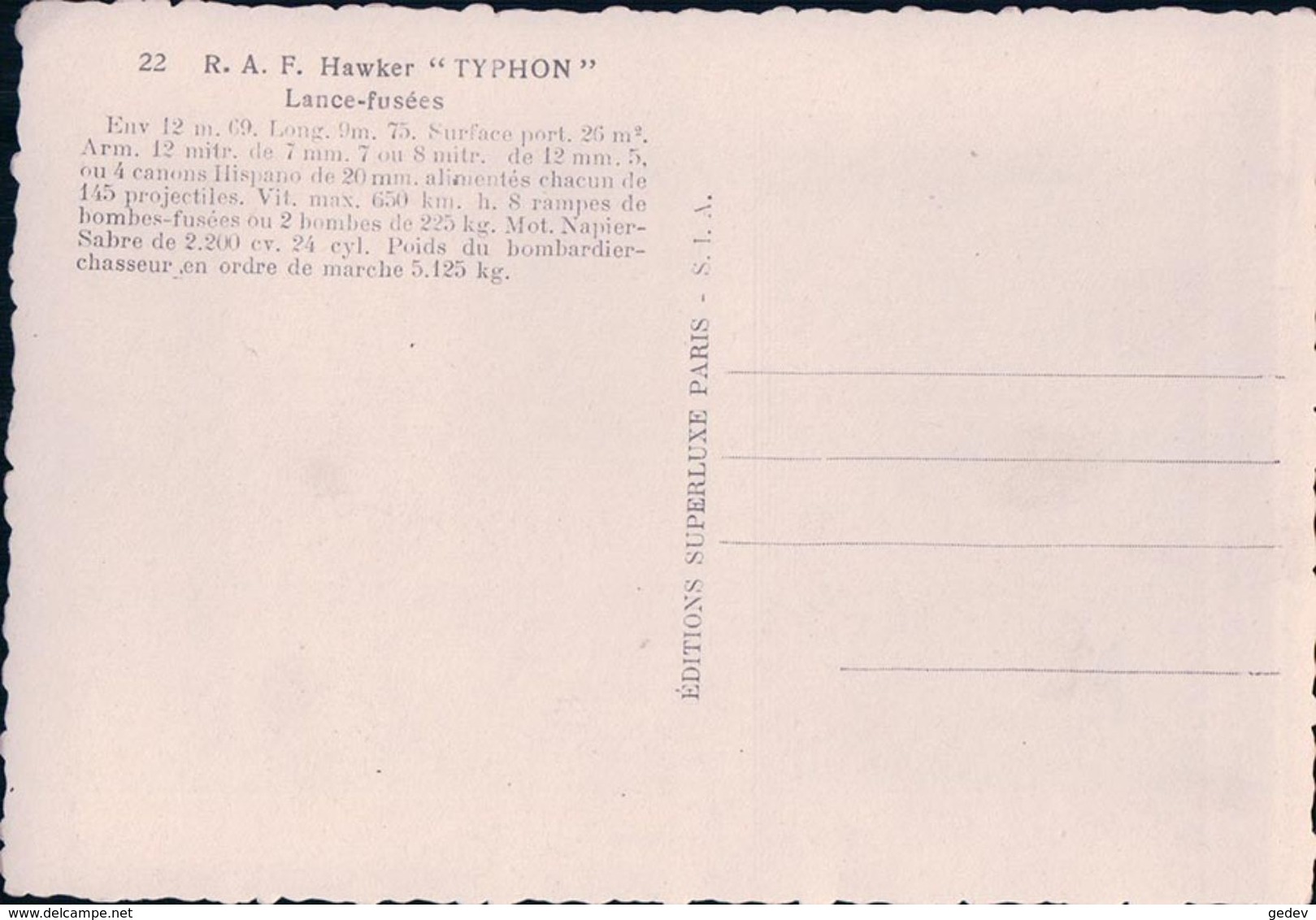 Aviation RAF, Royal Air Force, Hawker THYPHON Lance-fusées (22) 10x15 - 1939-1945: 2ème Guerre