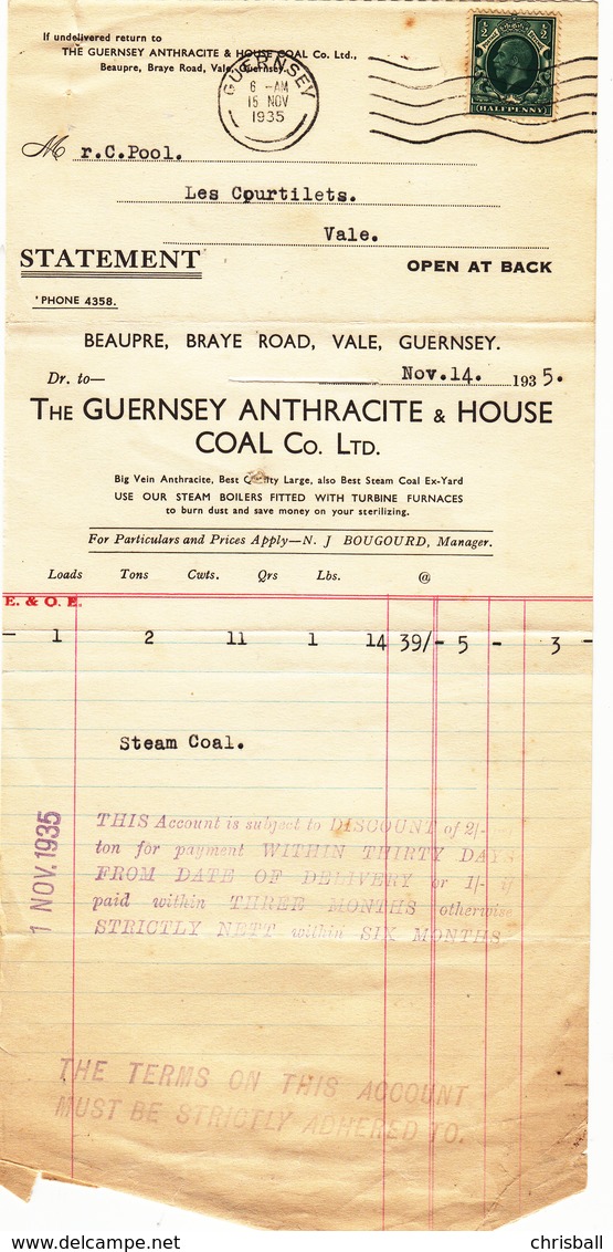 Guernsey - Folded Invoice/Statement Dated Nov. 1935 - United Kingdom