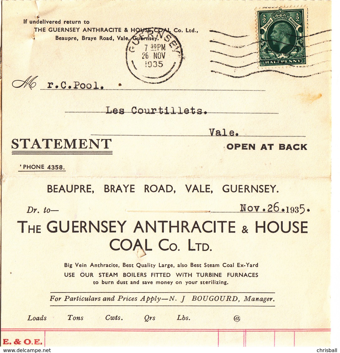 Guernsey - Folded Invoice/Statement Dated Nov. 1935 - Royaume-Uni