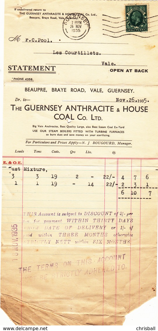 Guernsey - Folded Invoice/Statement Dated Nov. 1935 - Reino Unido