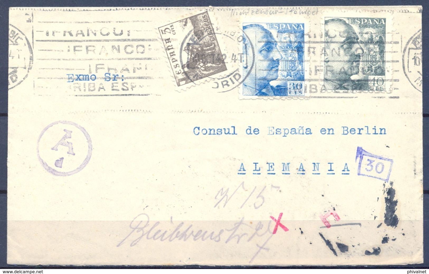 1942 , MADRID - BERLIN , SOBRE DIRIGIDO AL CONSUL DE ESPAÑA , EXENTO DE CENSURA - Lettres & Documents