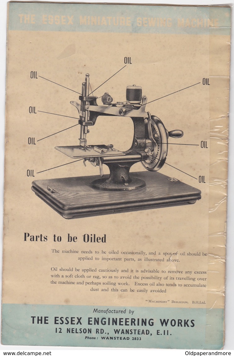 TECHNICAL OLD BOOK - ESSEX - MINIATURE SEWING MACHINE - Use  Instructions - Component Parts - Andere Geräte