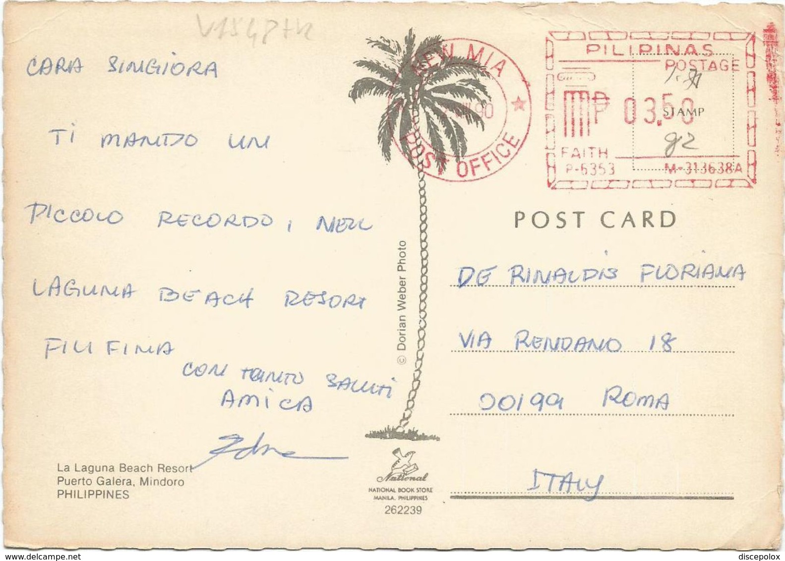 V1548 Philippines - Laguna Beach Resort - Puerto Galeria - Mindoro - Red Machine Timbre / Viaggiata 1960 - Filippine