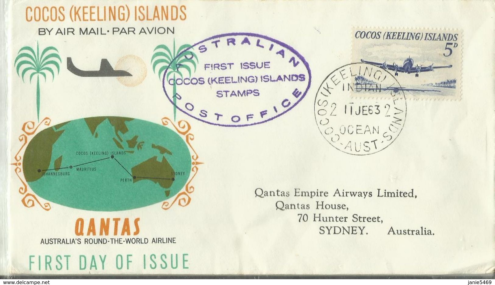 Cocos Islands 1963 First Flight From Cocos To Australia ,souvenir Cover - Cocos (Keeling) Islands
