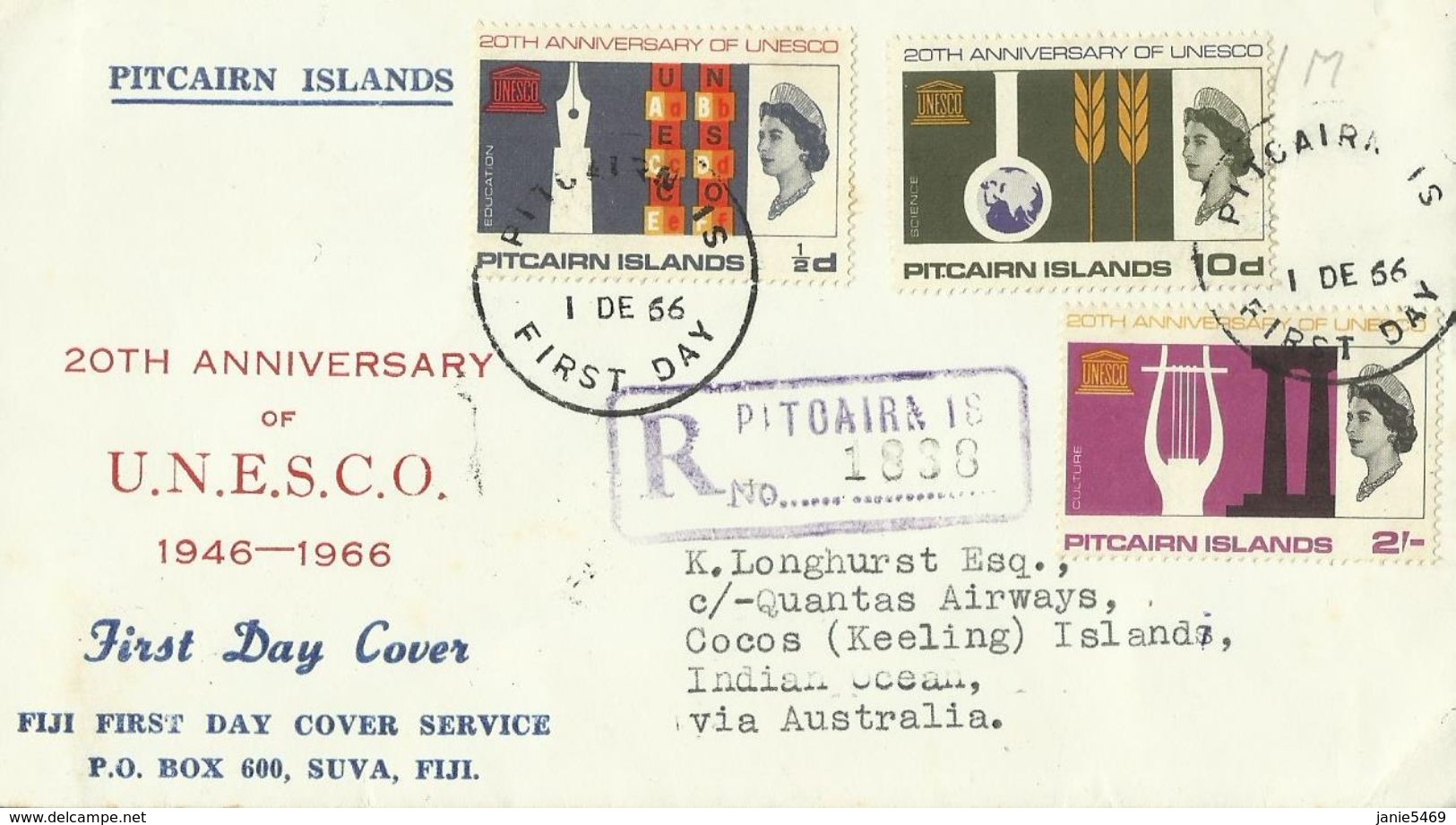 Pitcairn Islands 1966 20th Anniversary Of UNESCO ,addressed Registerd Cover - Pitcairn