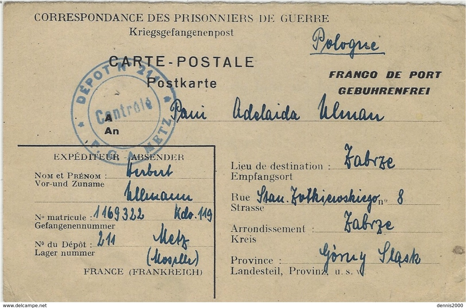 1946- Carte-réponse Du Formulaire Du Dépot De P G N°211 , Contrôlè  ,  Situé à METZ  ( Moselle ) - Camps De Prisonniers