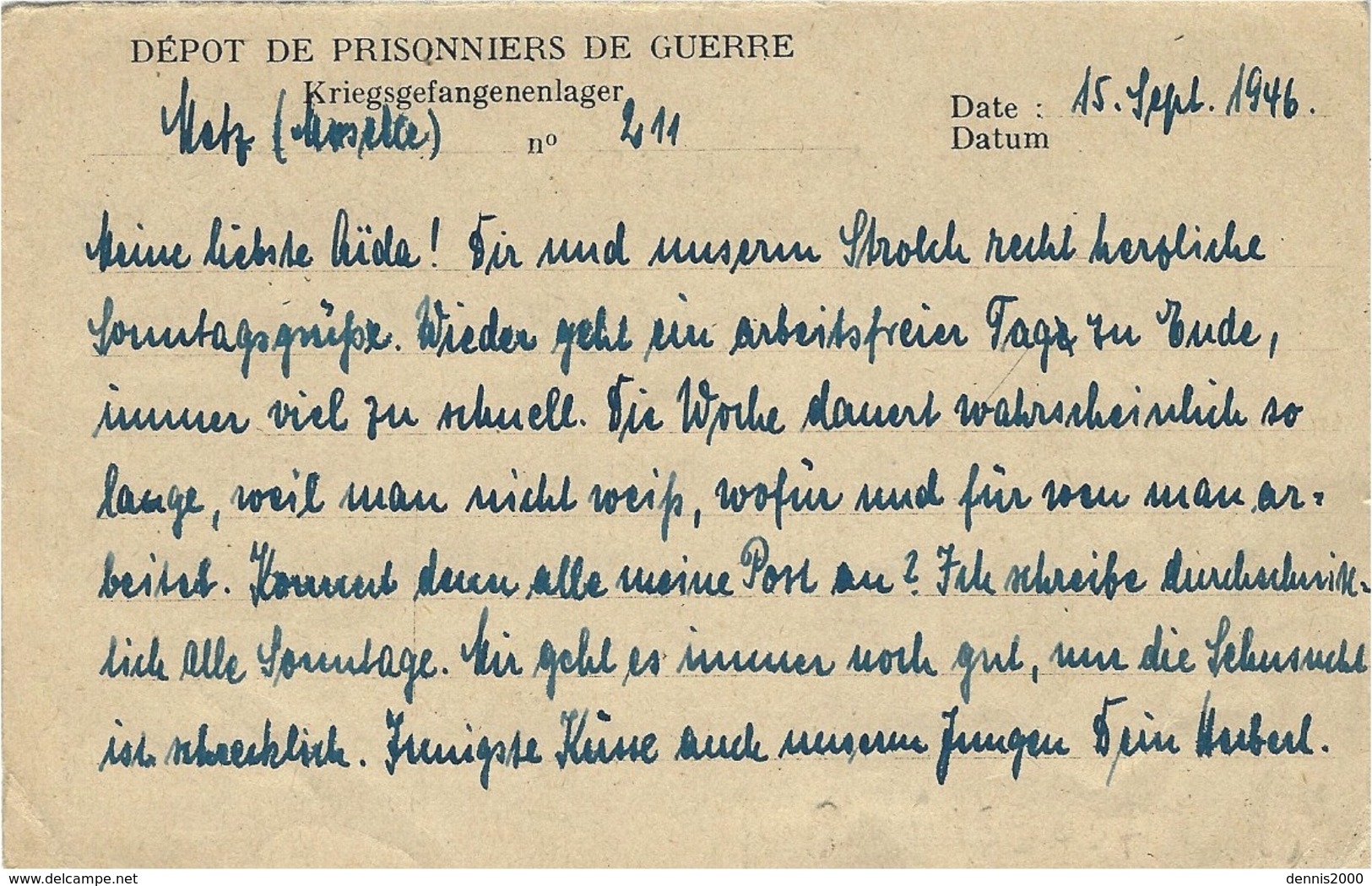 1946- Carte-réponse Du Formulaire Du Dépot De P G N°211 , Contrôlè  ,  Situé à METZ  ( Moselle ) - Gefängnislager