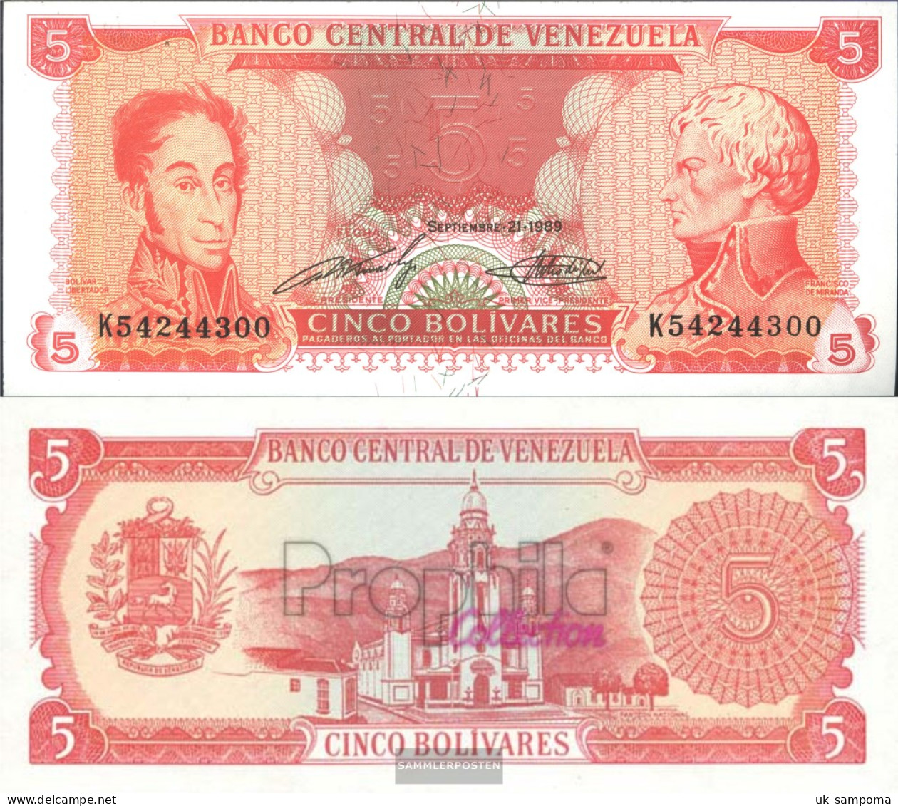 Venezuela Pick-number: 70b Uncirculated 1989 5 Bolivares - Venezuela