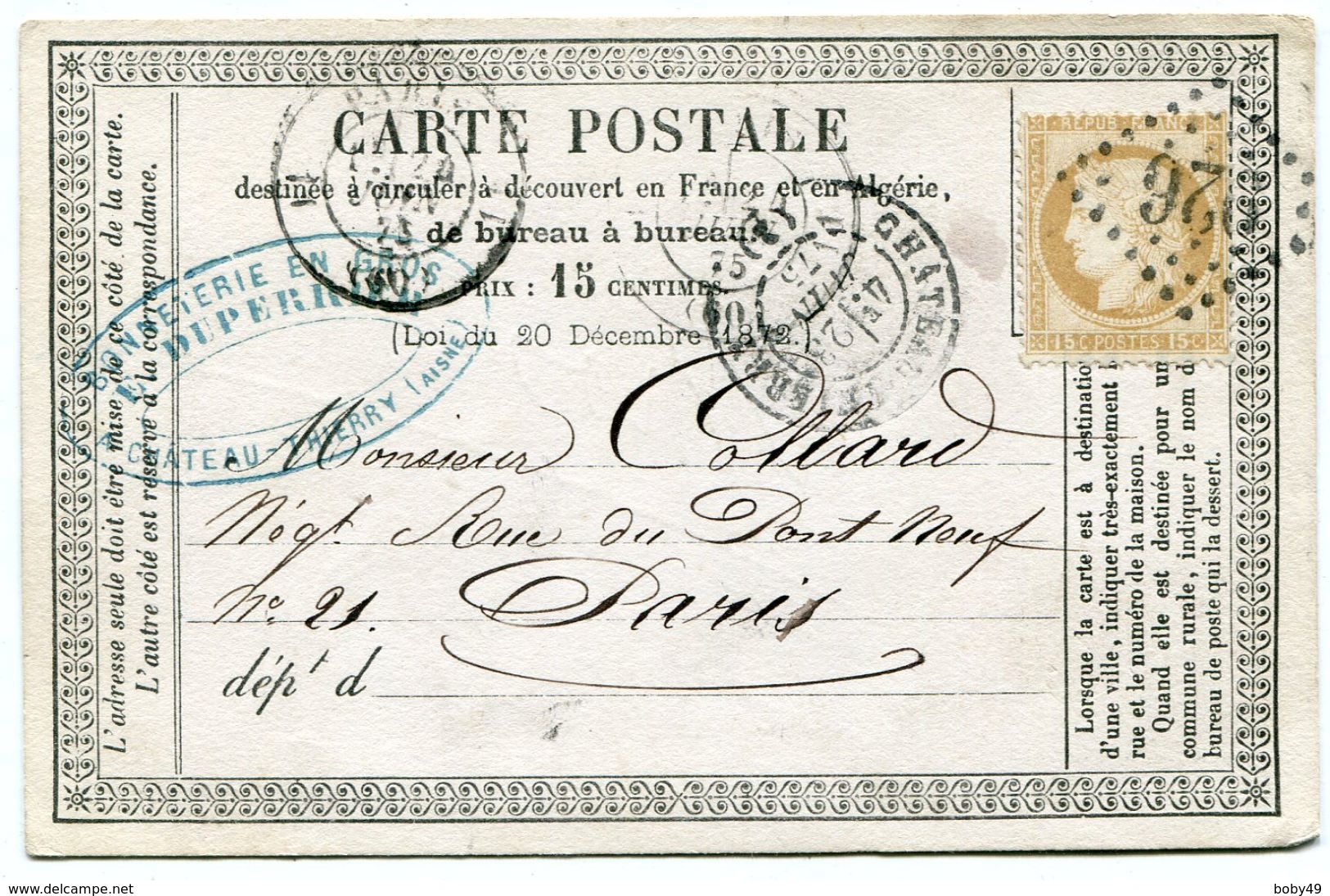 AISNE De CHATEAU THIERRY GC 926 Sur N°59 Sur CP Du 23/06/1875 - 1849-1876: Période Classique