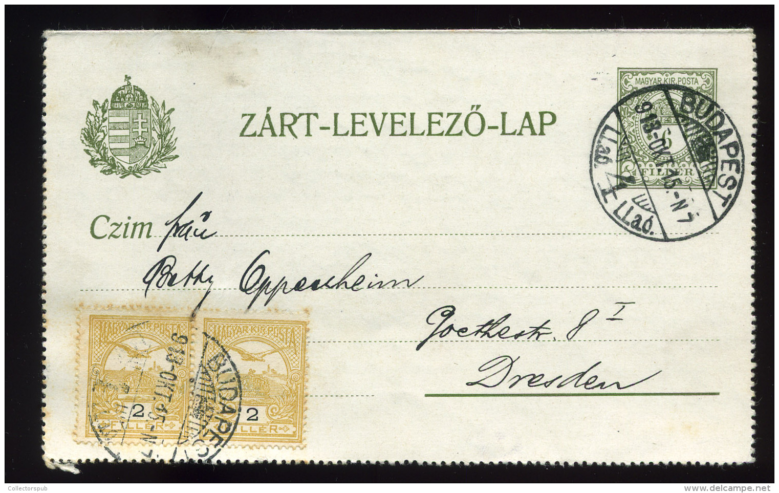 BUDAPEST 1913. Kiegészített Zárt Díjjegyes Lap Németországba Küldve - Used Stamps