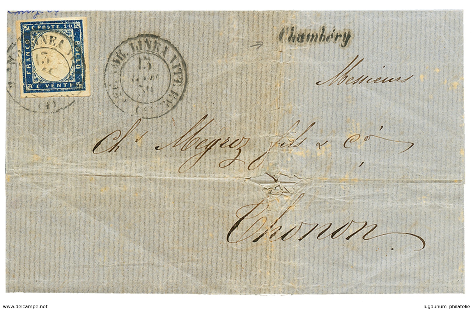 17 1859 SARDAIGNE 20c TB Margé Obl. Ambulant Sarde + Cursive CHAMBERY Sur Lettre(pd) Pour THONON. Rare. TB. - Sonstige & Ohne Zuordnung