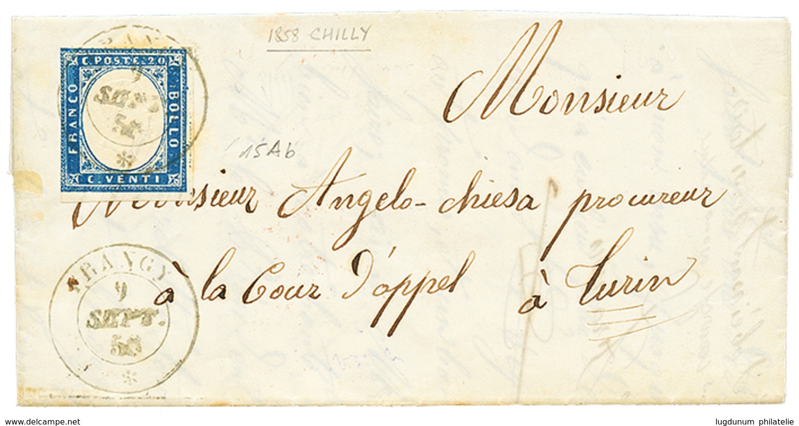 18 1858 SARDAIGNE 4é Emission 20c Obl. FRANGY Sur Lettre Avec Texte Daté "CHILLY" Pour TURIN. TTB. - Autres & Non Classés
