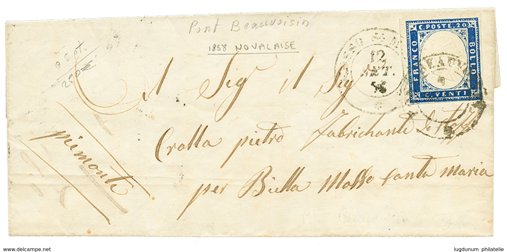 20 "NOVALAISE" : 1858 SARDAIGNE 20c Non Touché Obl. PONT BEAUVOISIN Sur Lettre Avec Texte Daté "NOVALAISE" Pour BIELLA M - Other & Unclassified