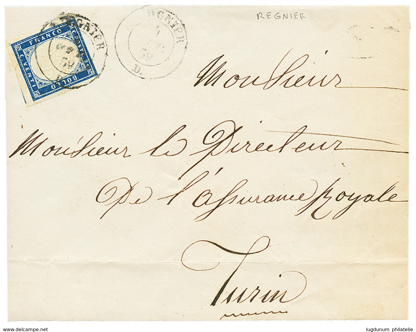 21 REIGNIER" : 1859 SARDAIGNE 20c Non Touché Obl. REIGNIER Sur Enveloppe Pour TURIN. Bureau RARE. TB. - Altri & Non Classificati