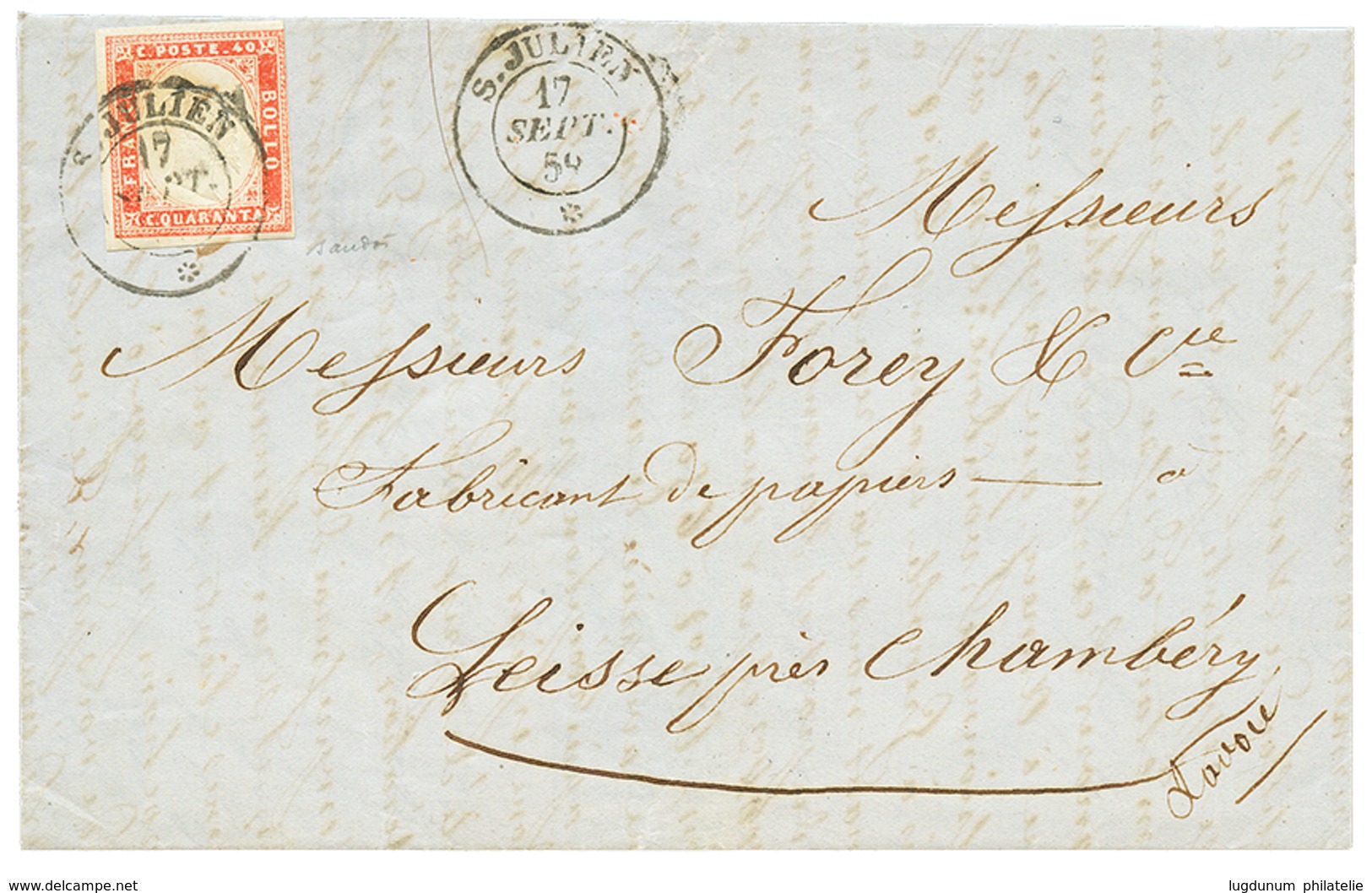 26 1858 SARDAIGNE 4é Emission 40c(n°16) Pd Obl. S.JULIEN Sur Lettre Avec Texte De GENEVE(SUISSE) Pour LEISSE. Superbe. - Other & Unclassified