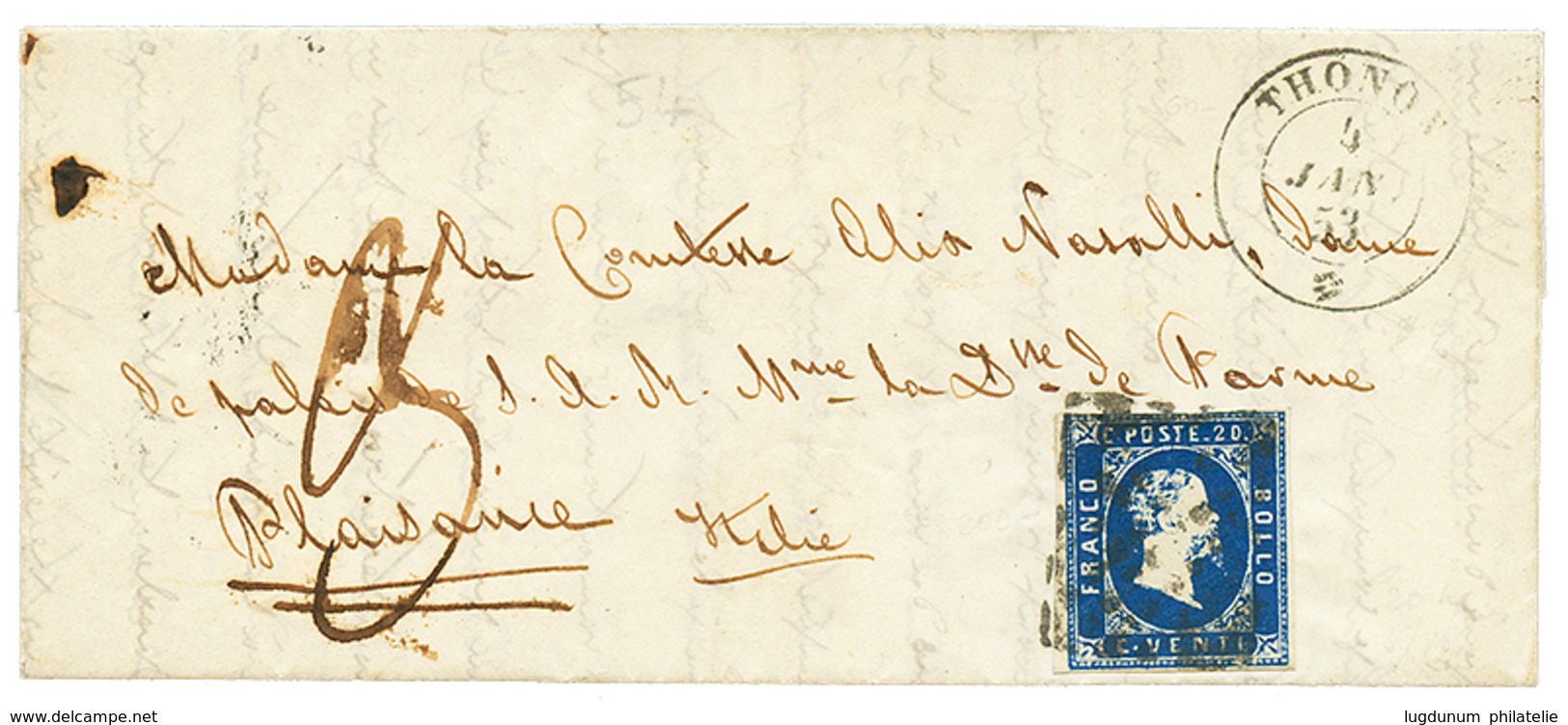 27 1853 SARDAIGNE 1ère Emission 20c Effleuré En Haut Obl. ROMBI + THONON + Taxe 3 Sur Lettre Pour PLAISANCE. Rare Taxé.  - Other & Unclassified