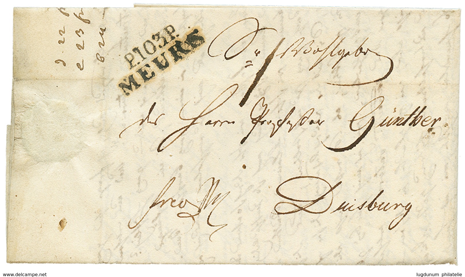 35 1813 Trés Rare Cachet P.103.P MEURS Sur Lettre Avec Texte Pour DUISBURG. Quelques Lettres Connues. TTB. - Sonstige & Ohne Zuordnung