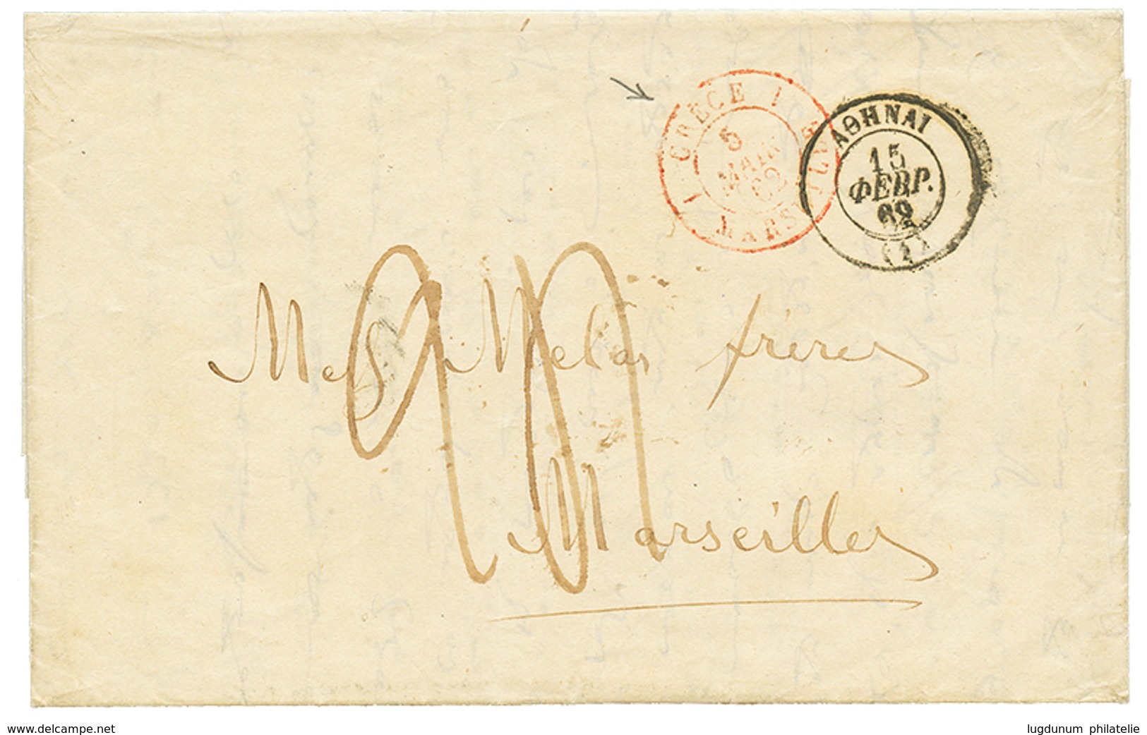 53 1862 Cachet Rouge GRECE 1 MARSEILLE + Taxe 24 Sur Lettre D' ATHENES Pour MARSEILLE. TB. - Autres & Non Classés