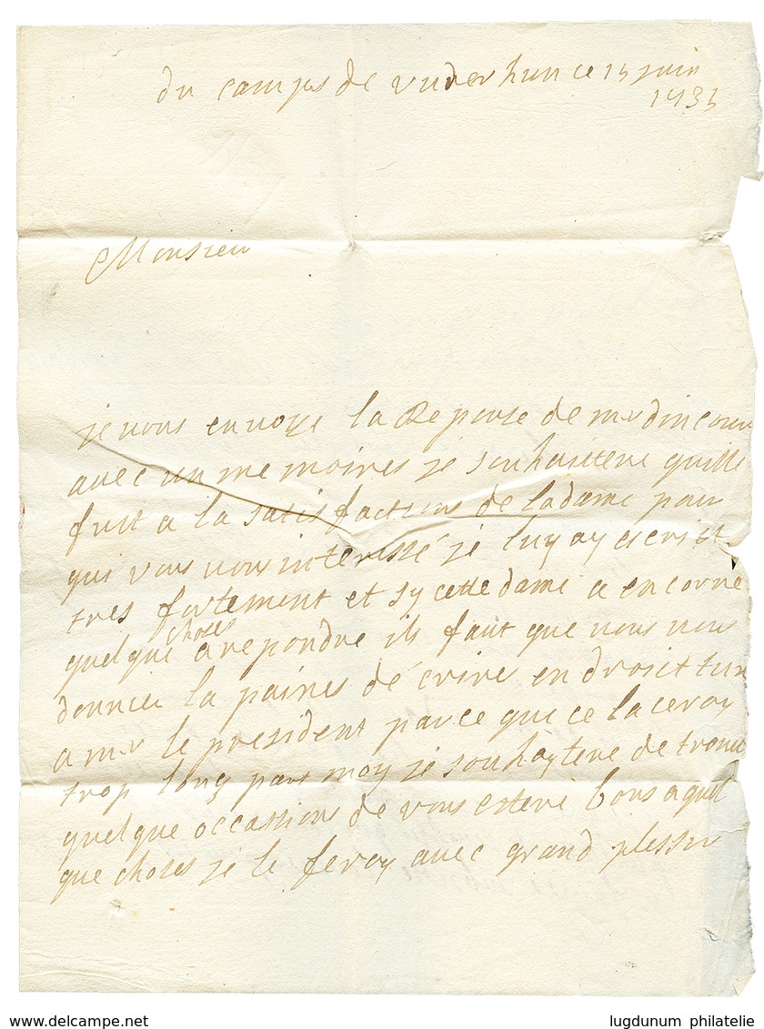 54 1735 CAMP DE BELLEISLE Sur Lettre Avec Texte Daté "CAMP Du VUDERHUN". Trés Rare. Cert. ROBINEAU. TB. - Sonstige & Ohne Zuordnung