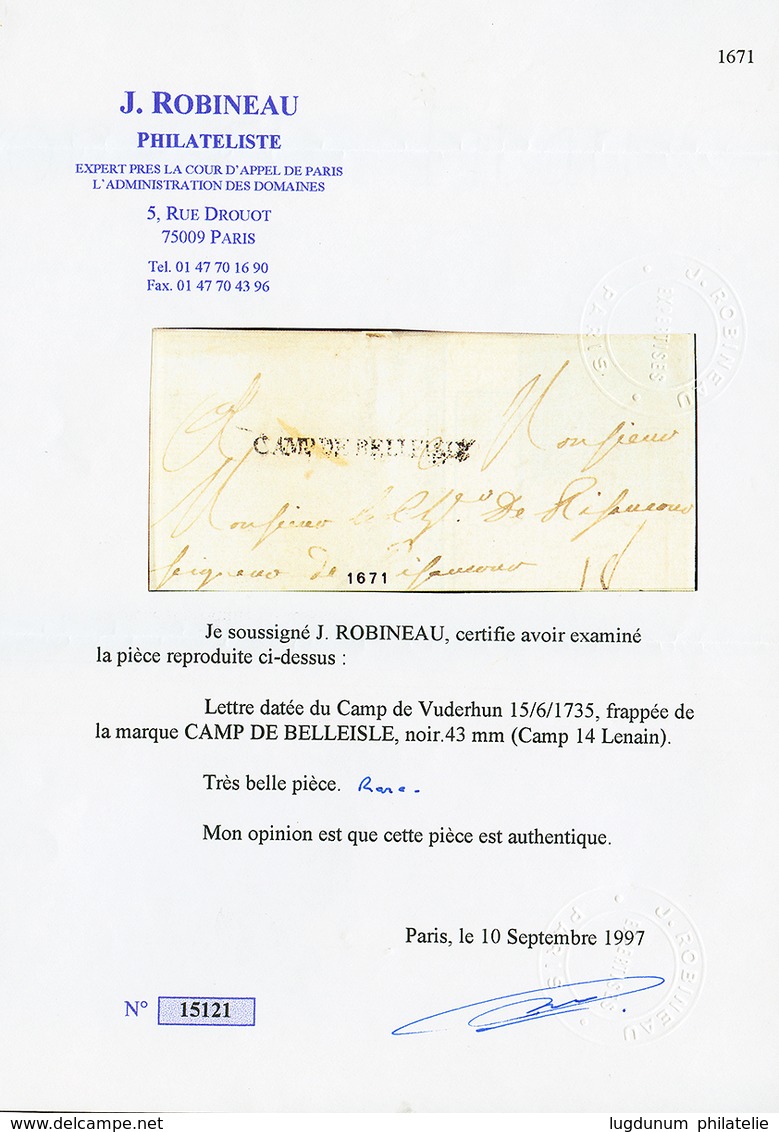 54 1735 CAMP DE BELLEISLE Sur Lettre Avec Texte Daté "CAMP Du VUDERHUN". Trés Rare. Cert. ROBINEAU. TB. - Sonstige & Ohne Zuordnung