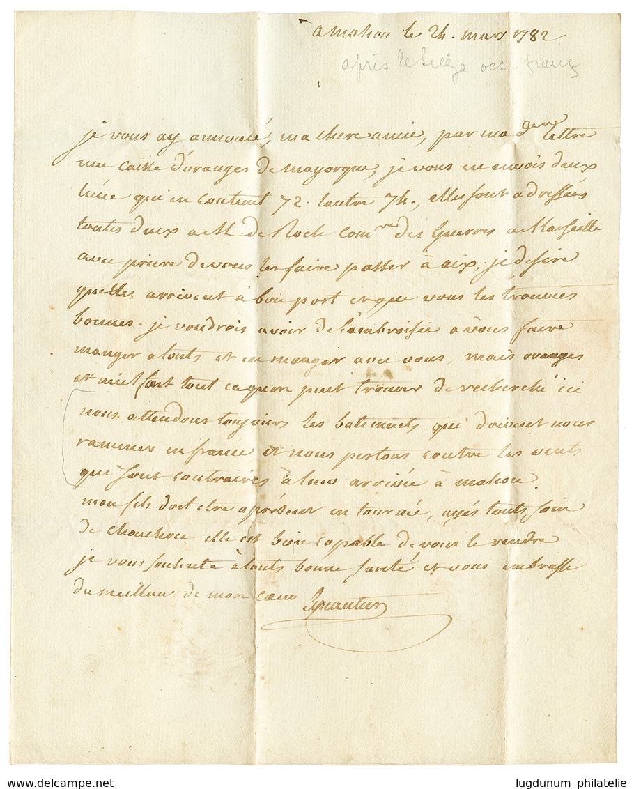 55 Occupation FRANCAISE De L' ILE DE MINORQUE : 1782 ARM. DE MAHON Sur Lettre Avec Texte Daté "MAHON" Pour La FRANCE. GR - Other & Unclassified