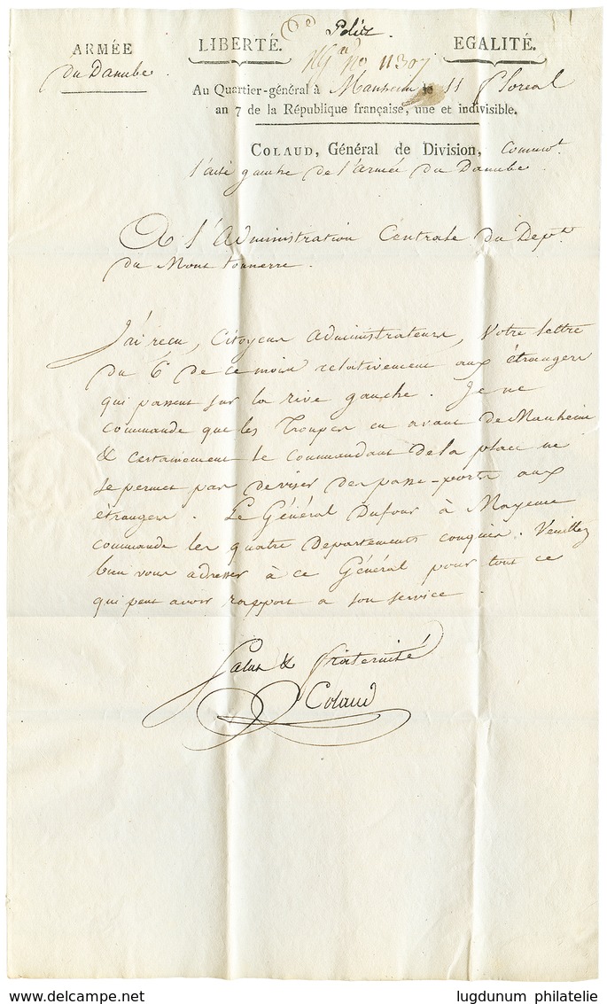 57 An 7 Trés Rare Cachet De DEBOURSE , 3e Don DEB/ ARM. DU DANUBE Au Verso D'une Lettre Avec Texte Daté "MANHEIM" Pour M - Other & Unclassified