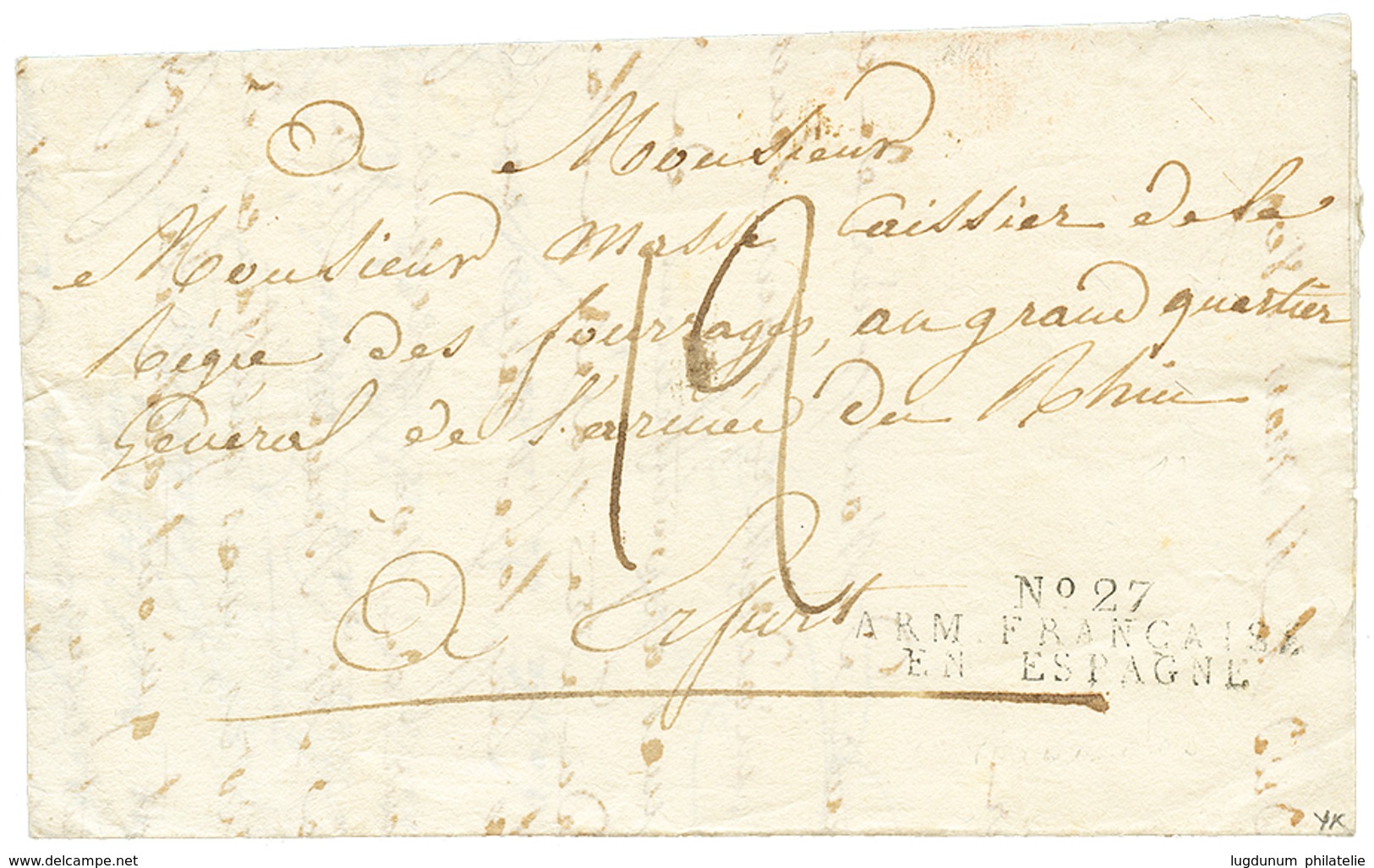 71 1809 Cachet Trés Rare N°32 DEB/ ARM. DU RHIN En Rouge Au Verso D'une Lettre Avec Texte De MADRID Pour Le QUARTIER GEN - Altri & Non Classificati