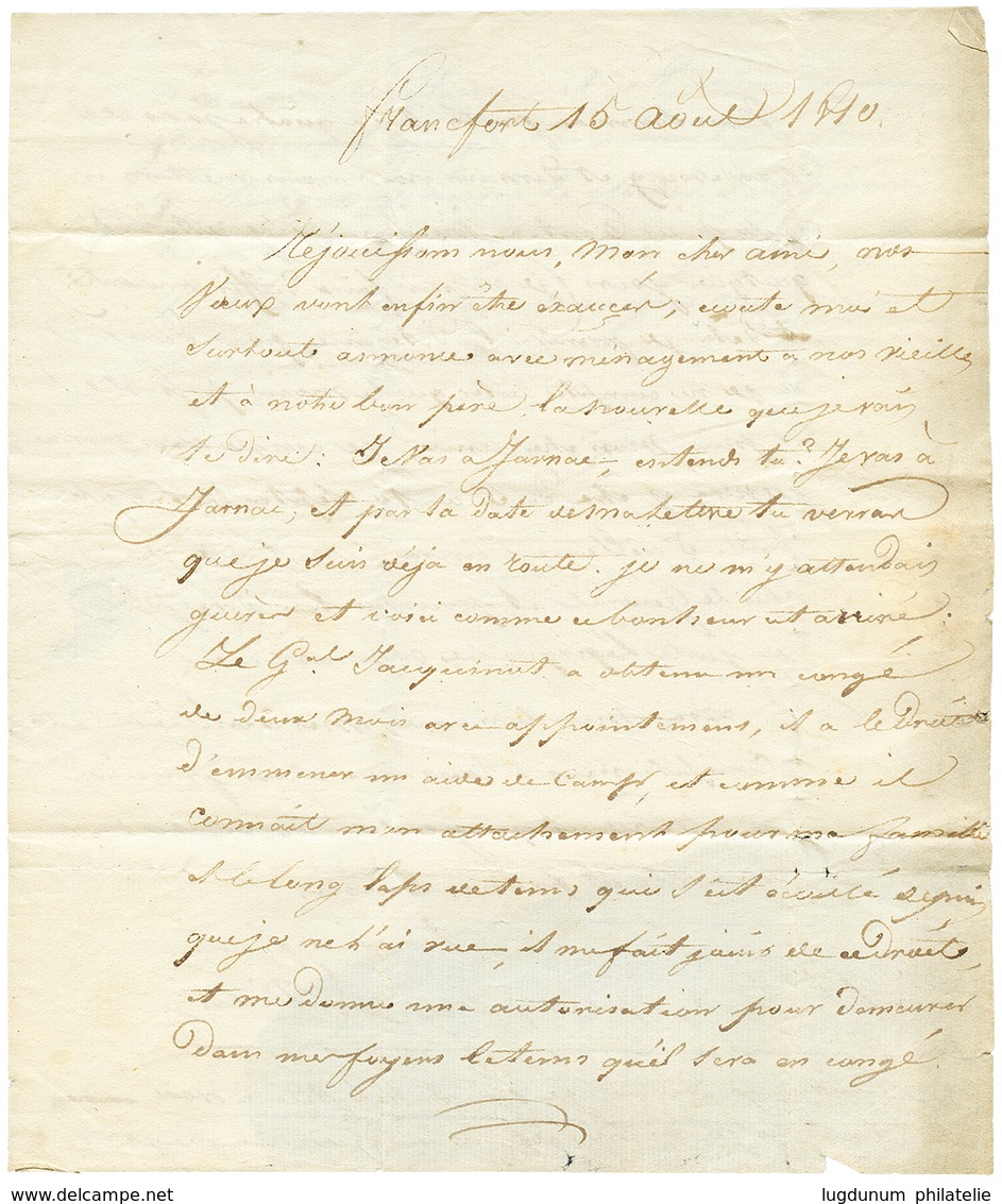 74 1810 BUREAU GENERALE ARM. D' ALLEMAGNE Sur Lettre Avec Texte De FRANCFORT Pour La FRANCE. B/TB. - Autres & Non Classés