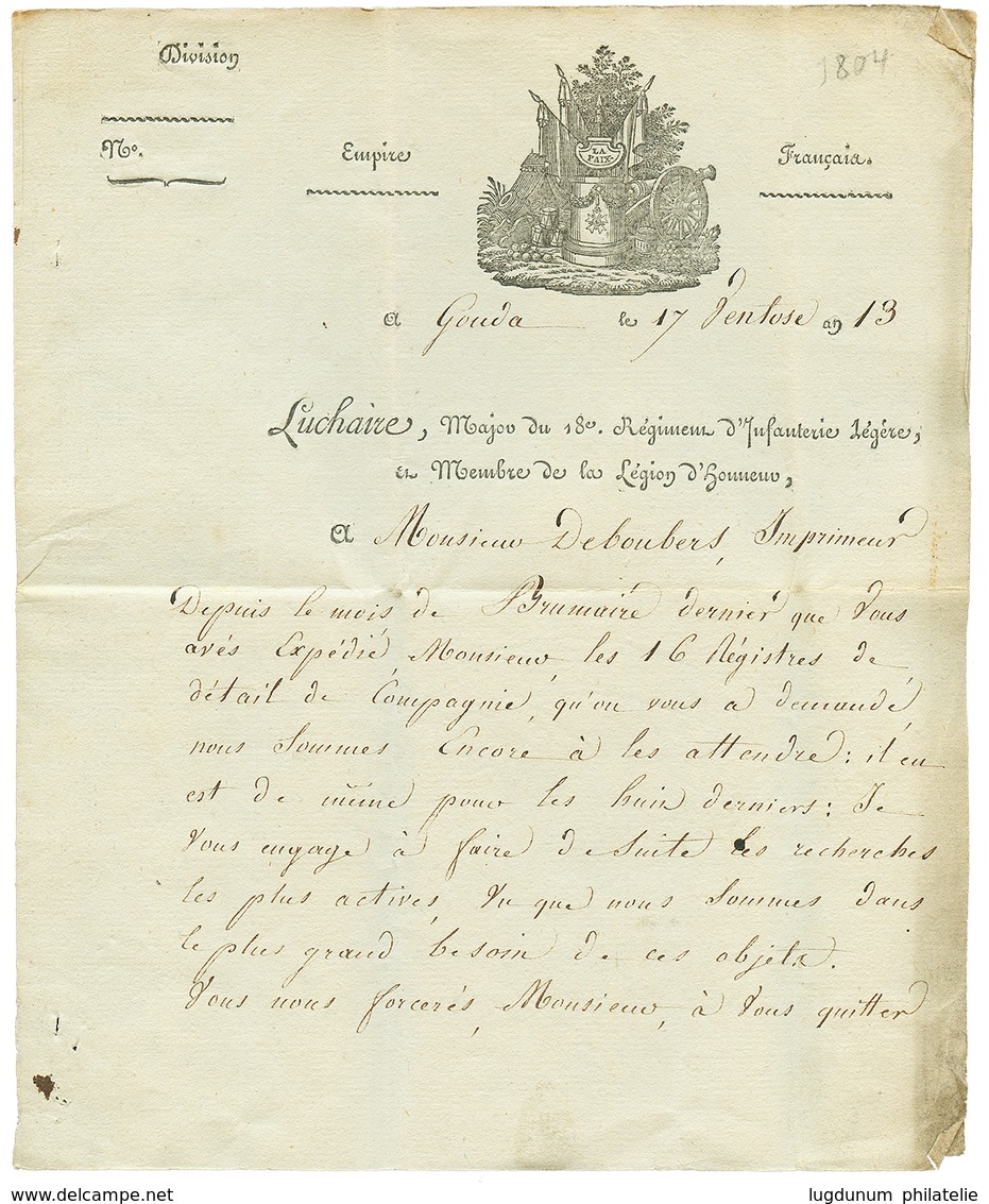 82 1813 PORT-PAYE/ HOLLANDE/ TROUPES Fcaises Rouge Sur Lettre Avec Texte(superbe Vignette Illustrée GOUDA" De GOUDA Pour - Other & Unclassified