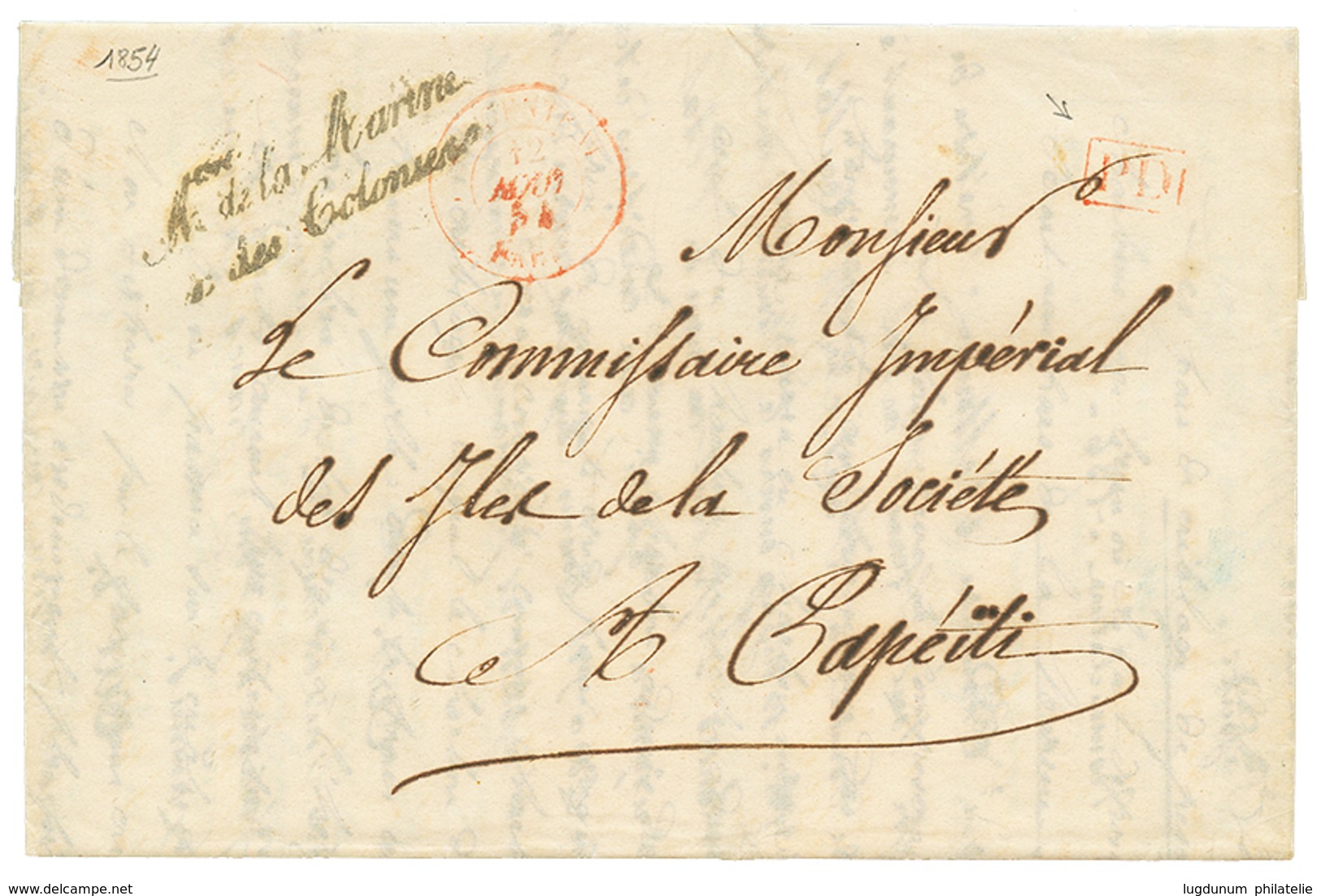 84 1854 Cachet De Franchise Mre De La MARINE ET DES COLONIES + PD Rouge Sur Lettre Pour TAHITI. Verso, BUREAU MARITIME L - Autres & Non Classés