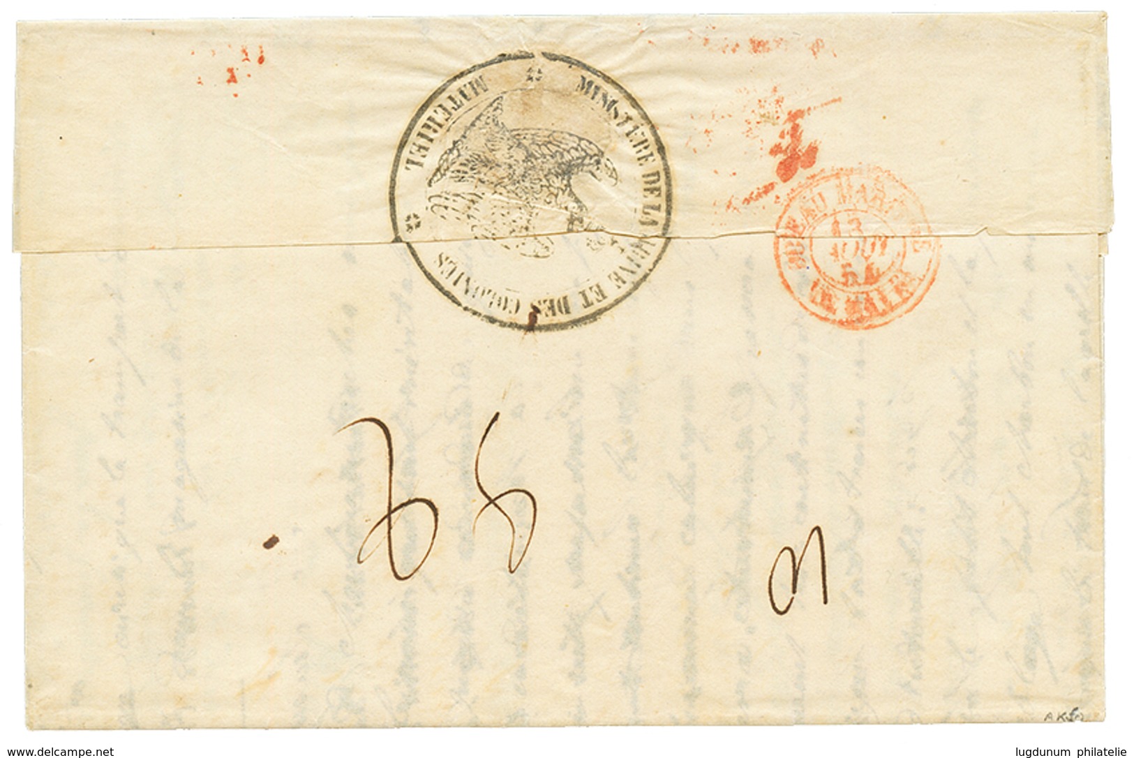 84 1854 Cachet De Franchise Mre De La MARINE ET DES COLONIES + PD Rouge Sur Lettre Pour TAHITI. Verso, BUREAU MARITIME L - Andere & Zonder Classificatie