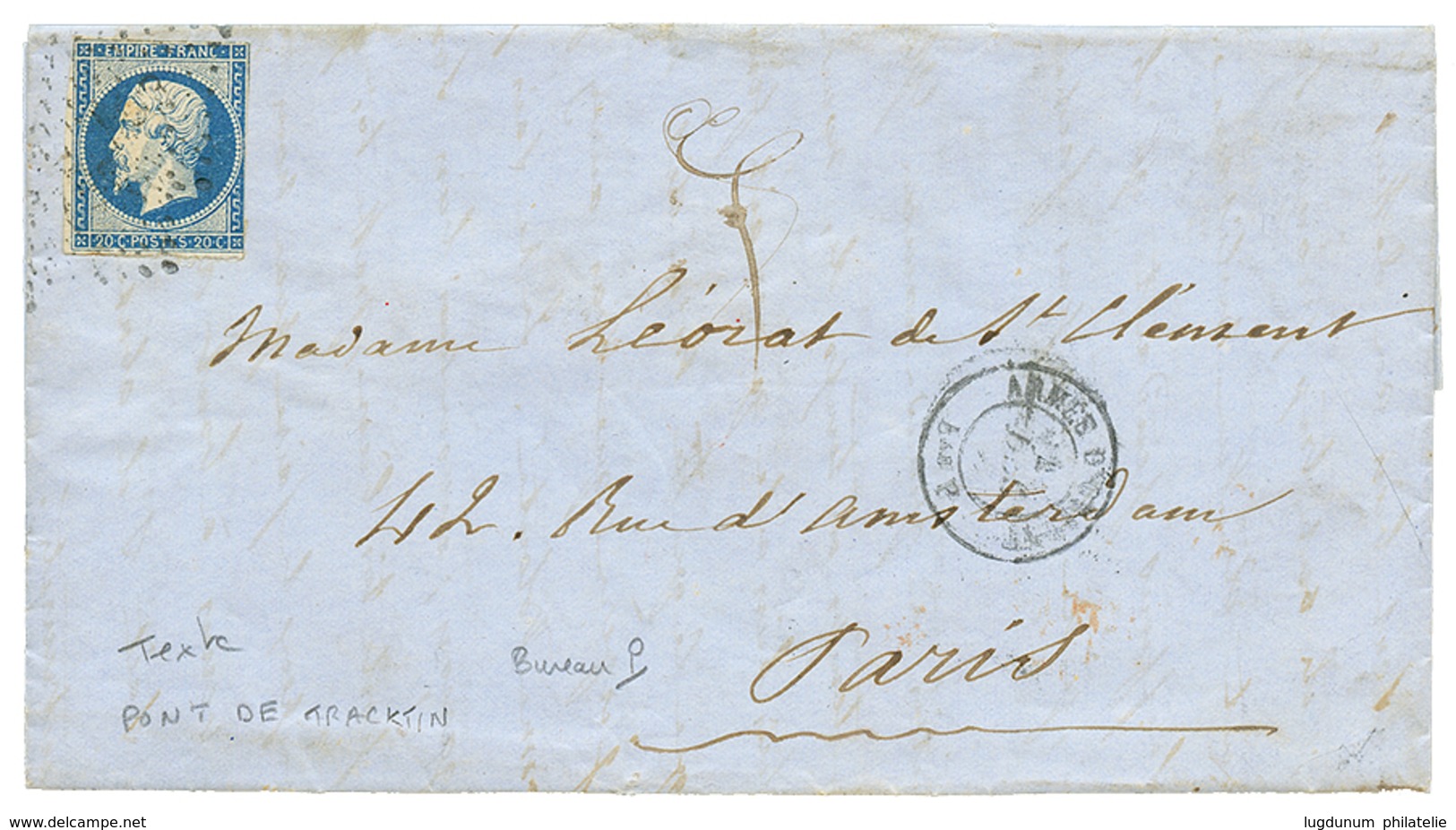 92 1855 20c(n°14) + ARMEE D'ORIENT Bau P Sur Lettre Avec Texte Daté "PONT De TRACKTIN" Pour PARIS. TB. - Altri & Non Classificati