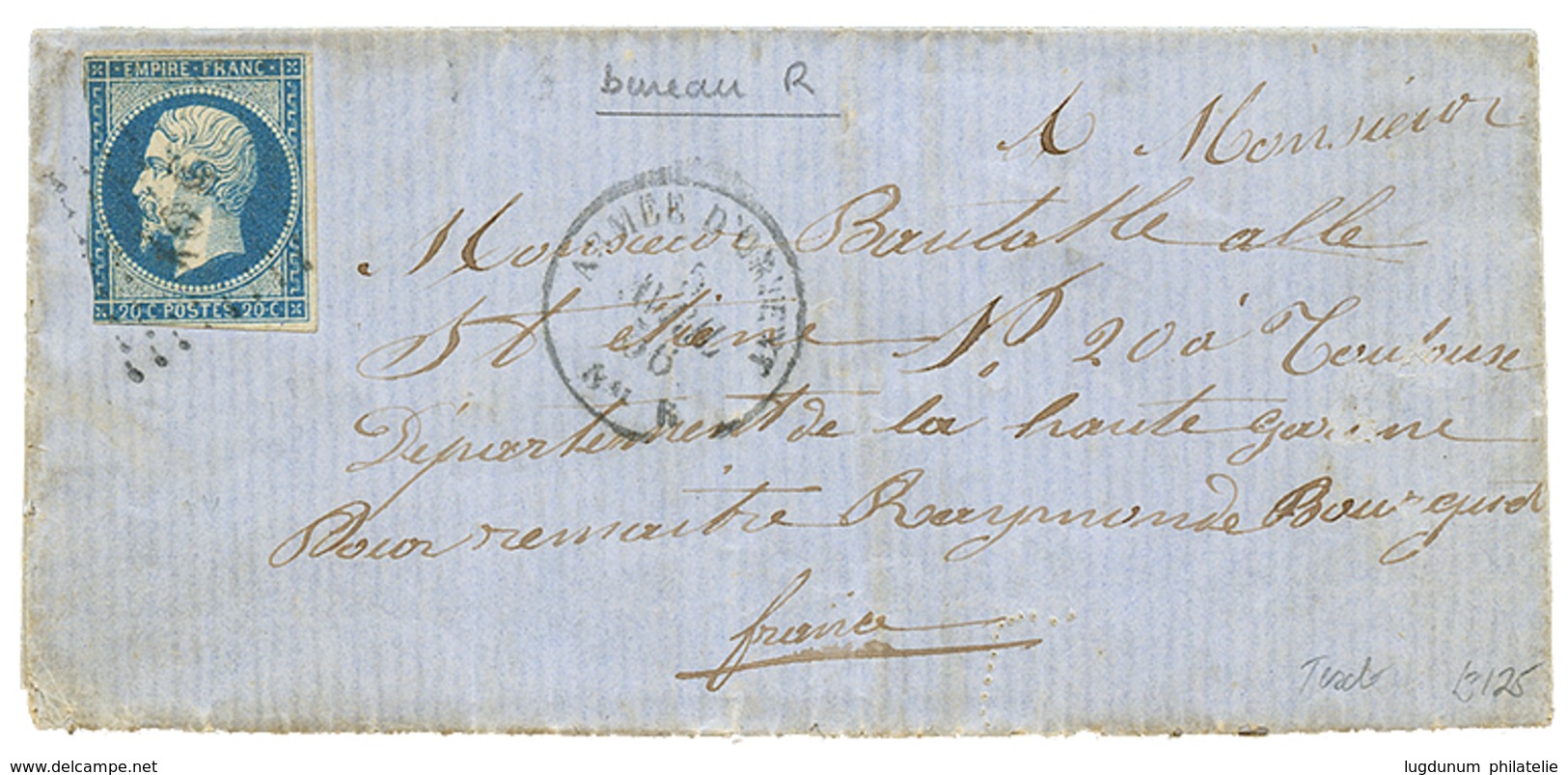 95 1856 20c(n°14) Pd Obl. AOR + ARMEE D'ORIENT Bau R Sur Lettre Avec Texte De SEBASTOPOL Pour La FRANCE. TB. - Autres & Non Classés