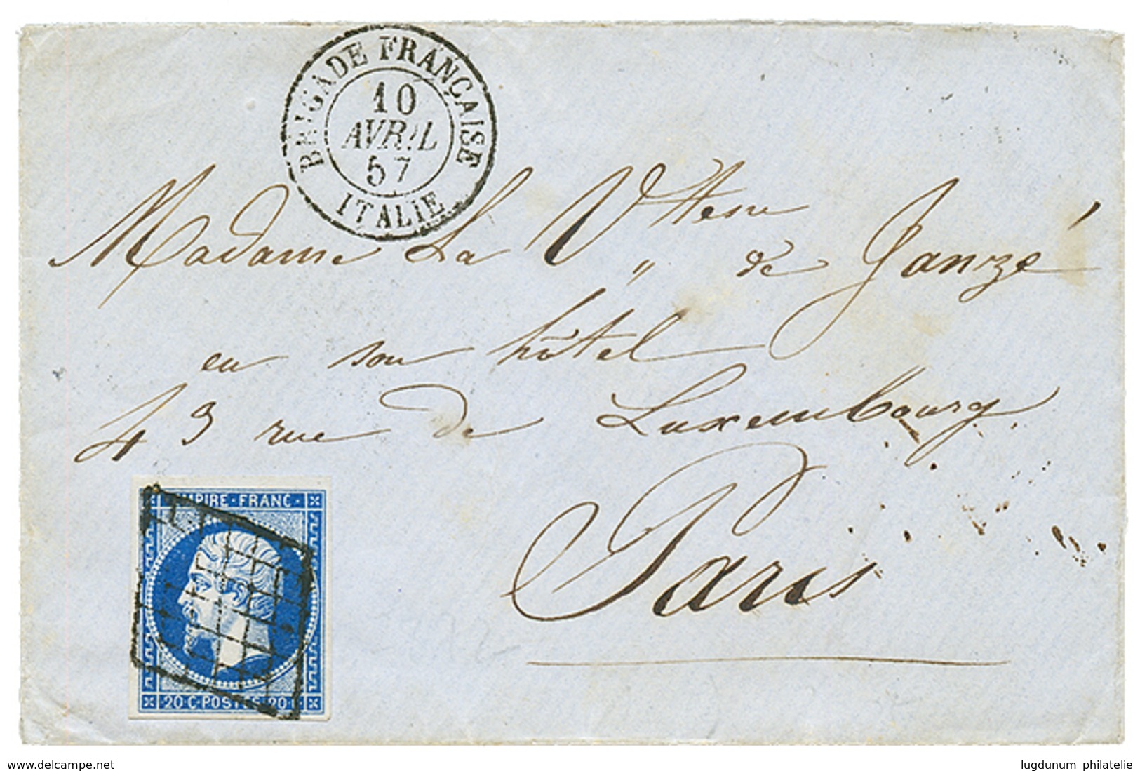 96 1857 20c(n°14) TTB Margé Obl. Grille + BRIGADE FRANCAISE ITALIE Sur Enveloppe Pour PARIS. Cote 1000€. Superbe. - Andere & Zonder Classificatie