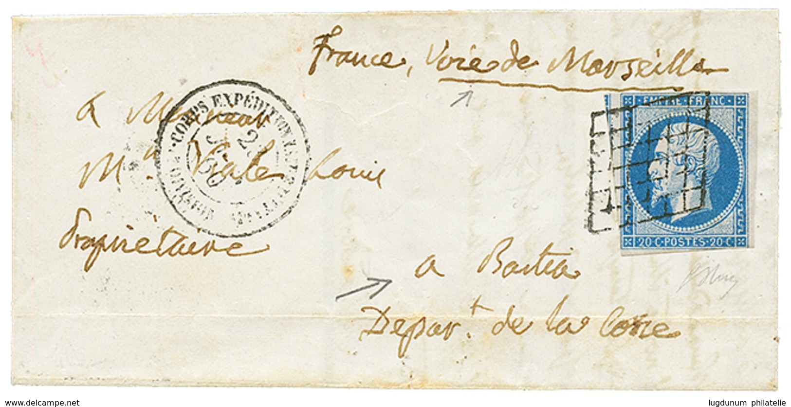 97 1860 20c(n°14) Pd Obl. Grille + CORPS EXPEDITIONNAIRE D'ITALIE 2 DIVISION Sur Lettre Avec Texte Pour BASTIA (CORSE).  - Altri & Non Classificati