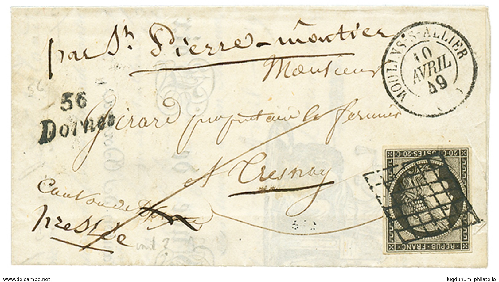 102 NIEVRE : 1849 20c(n°3) Obl. Grille + CURSIVE 56 DORNES + T.15 MOULINS-S-ALLIER Sur Lettre Avec Texte. Superbe. - 1849-1850 Ceres