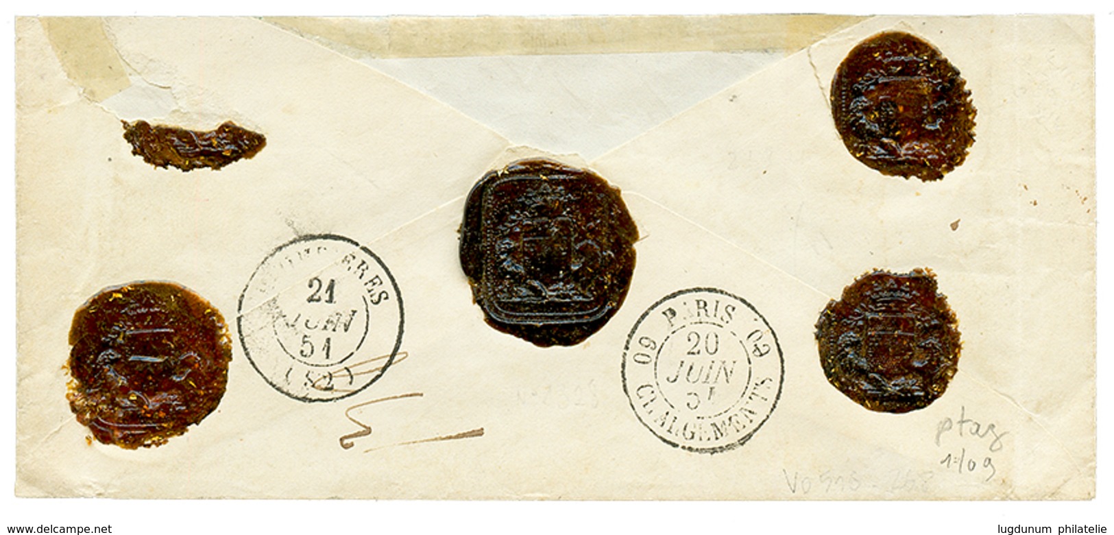 107 1851 1F CARMIN (n°6) TB Margé Obl. Grille + T.15 MORLAIX Sur Enveloppe CHARGEE Pour PLOMBIERES. Signé CALVES. TTB. - 1849-1850 Ceres