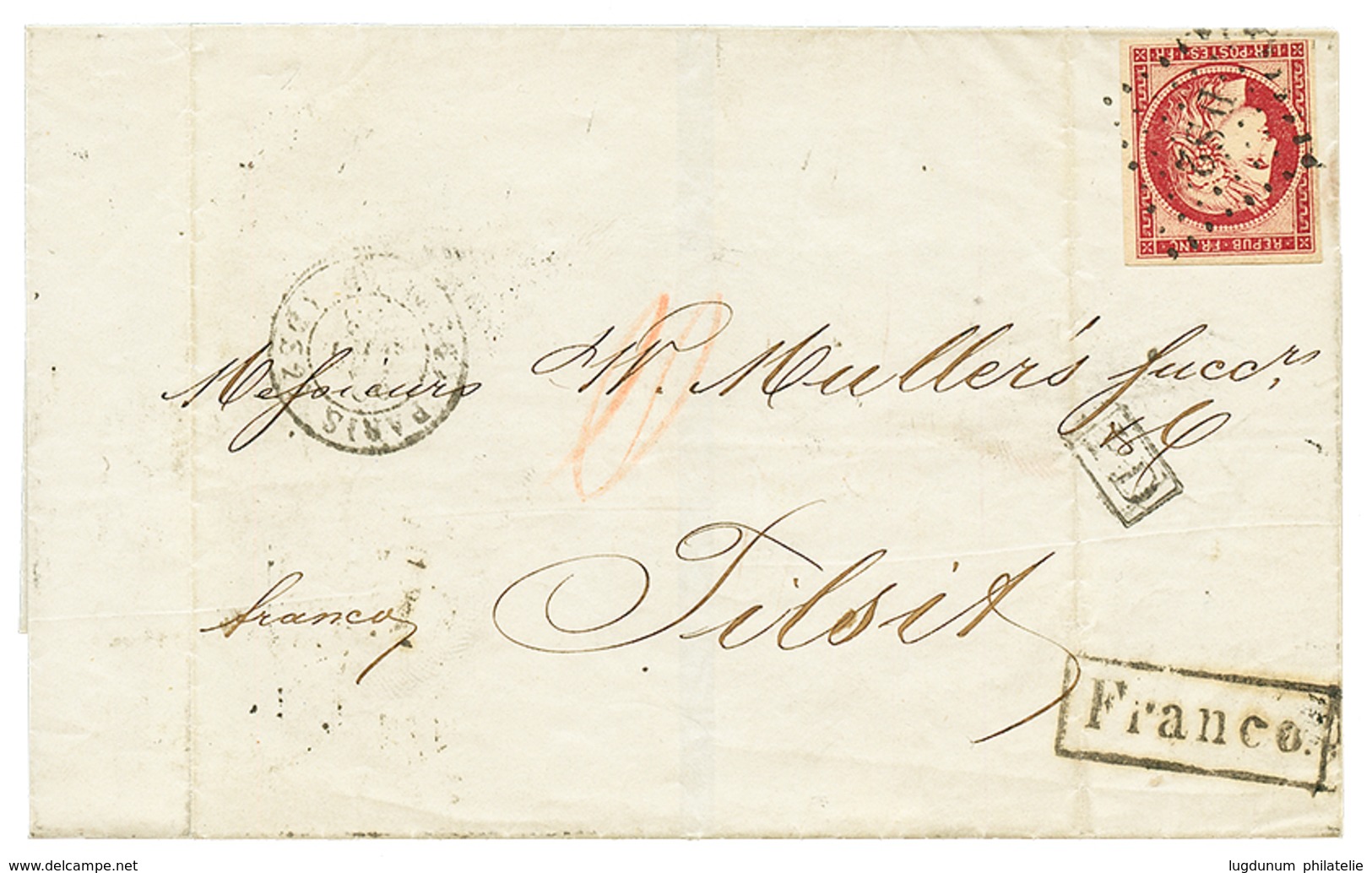 108 "1F Pour La RUSSIE " : 1853 1F(n°6) TB Margé Obl. DS2 Sur Lettre De PARIS Pour TILSIT. Nombreux Cachets De Passages  - 1849-1850 Ceres