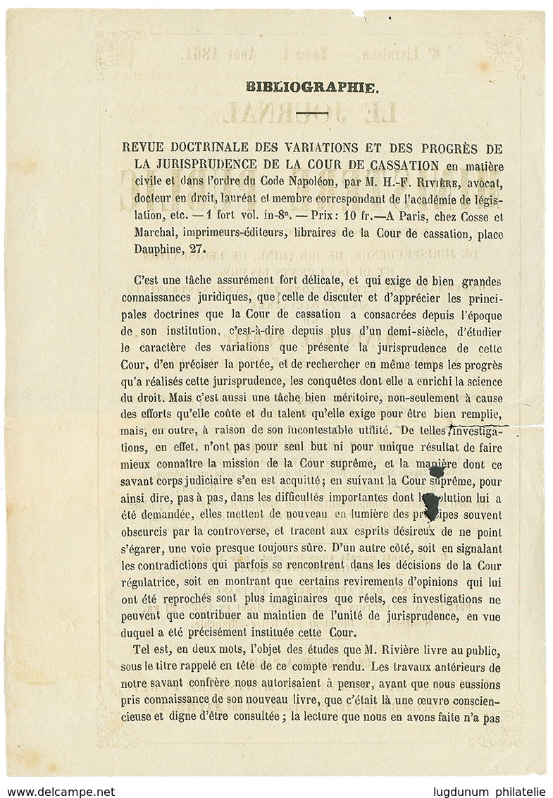 112 1861 Superbe Bande De 3 Du 1c(n°11) TB Margée Obl. T.15 VAUGIRARD Sur IMPRIME. Cote 750€. TB. - Altri & Non Classificati