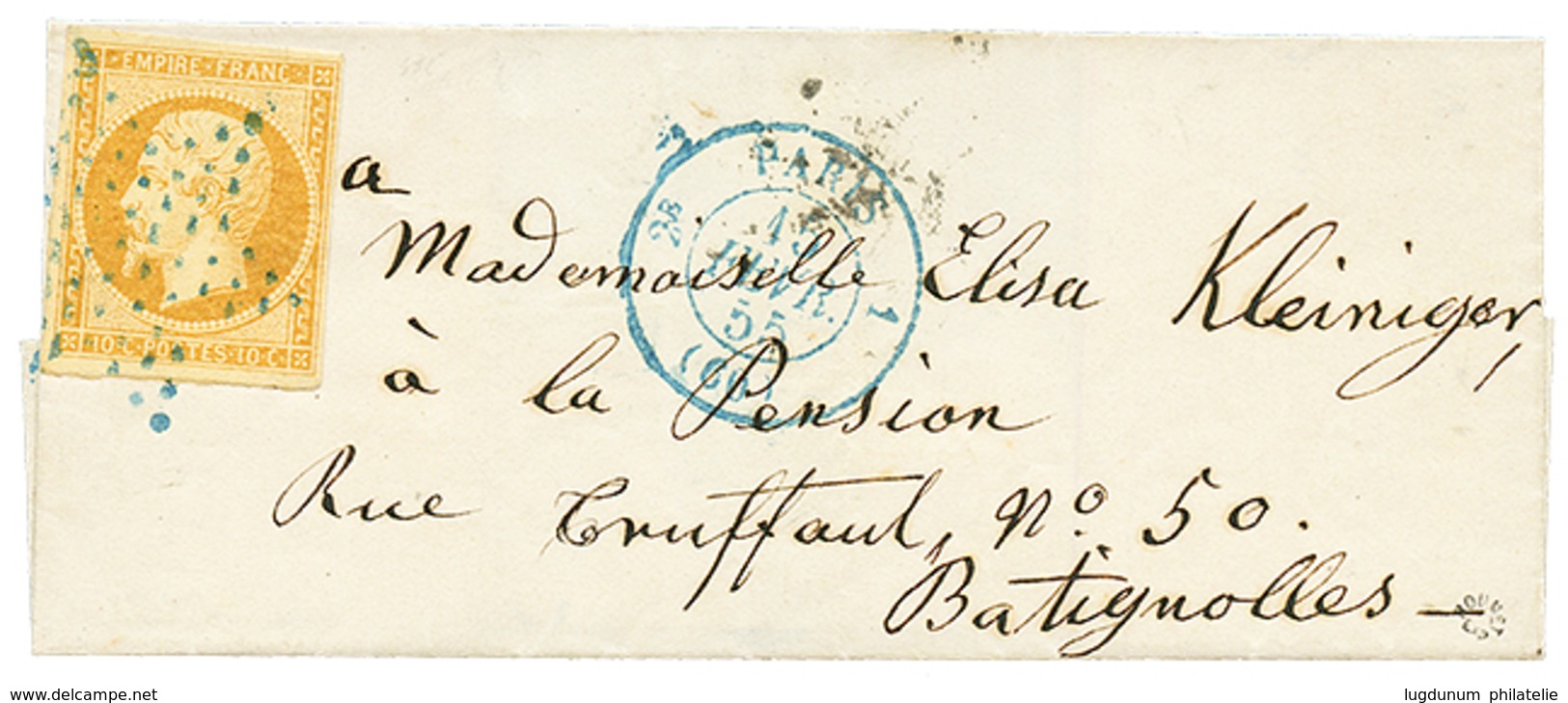 114 1855 10c(n°13) TTB Margé Obl. Etoile Bleue + Cachet Bleu PARIS 2e 1 Sur Lettre. Signé ROUMET. TTB. - Other & Unclassified