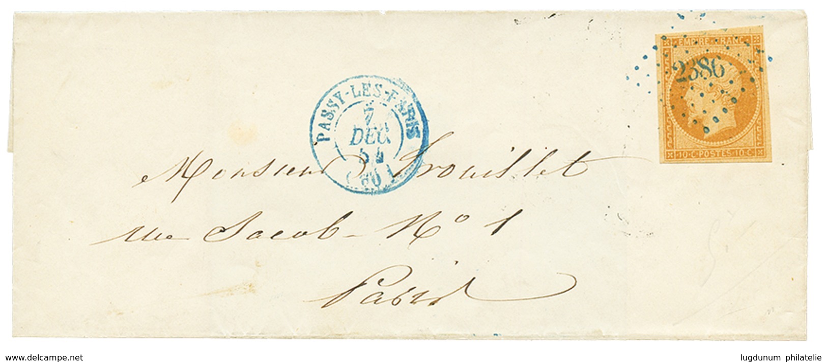 115 1854 10c(n°13) TTB Margé Obl. PETIT CHIFFRE 2386 En BLEU + T.15 PASSY-LES-PARIS En Bley Sur Lettre Pour PARIS. Ex. D - Altri & Non Classificati