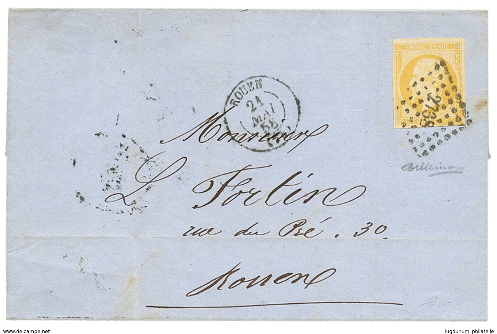 117 1858 10c(n°13) TTB Margé Nuance JAUNE CITRON Impression Nette Sur Lettre De ROUEN. Signé DILLEMANN. Rare Dans Cette  - Sonstige & Ohne Zuordnung