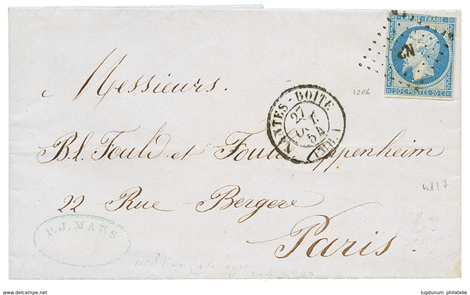 122 POSTE FERROVIAIRE - Cachet D' ESSAI : 1854 20c(n°14) Obl. NP + NANTES BOITE AMB.1, Pour PARIS. TTB. - Other & Unclassified