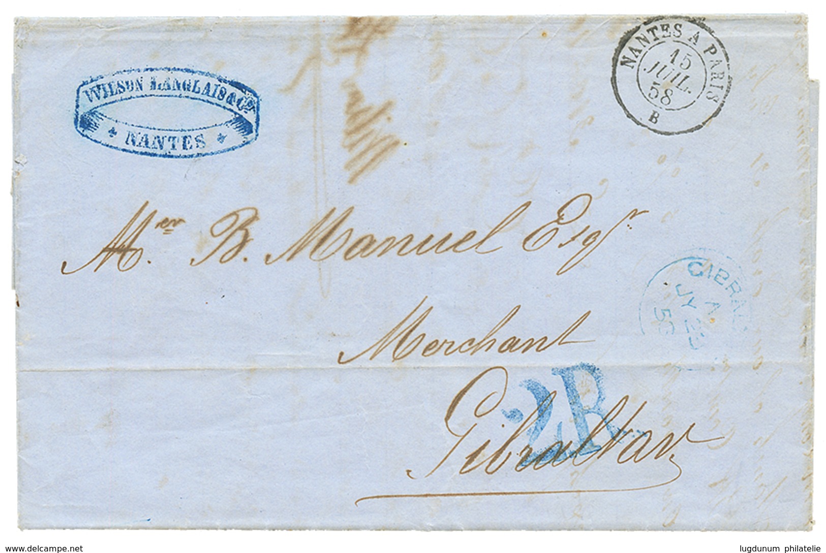 123 POSTE FERROVIAIREpour GIBRALTAR : 1858 Cachet Ambulant NANTES A PARIS B + Taxe Espagnole 2R Bleu Sur Lettre Pour GIB - Autres & Non Classés