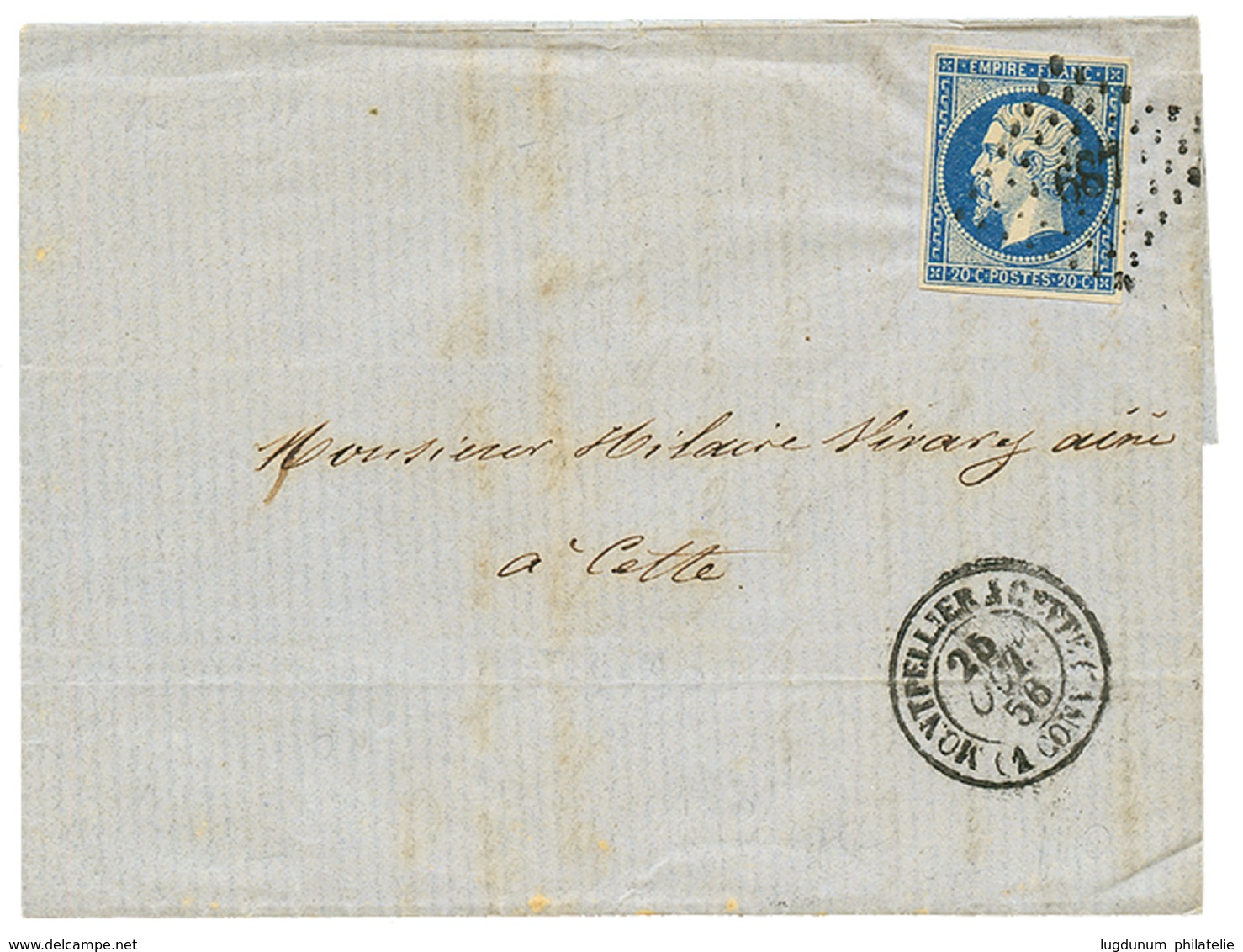 124 POSTE FERROVIAIRE - Cachet D' ESSAI : 1856 20c(n°14) TTB Margé Obl. PC 687 + MONTPELLIER A CETTE (1 CONV.) Sur Lettr - Sonstige & Ohne Zuordnung