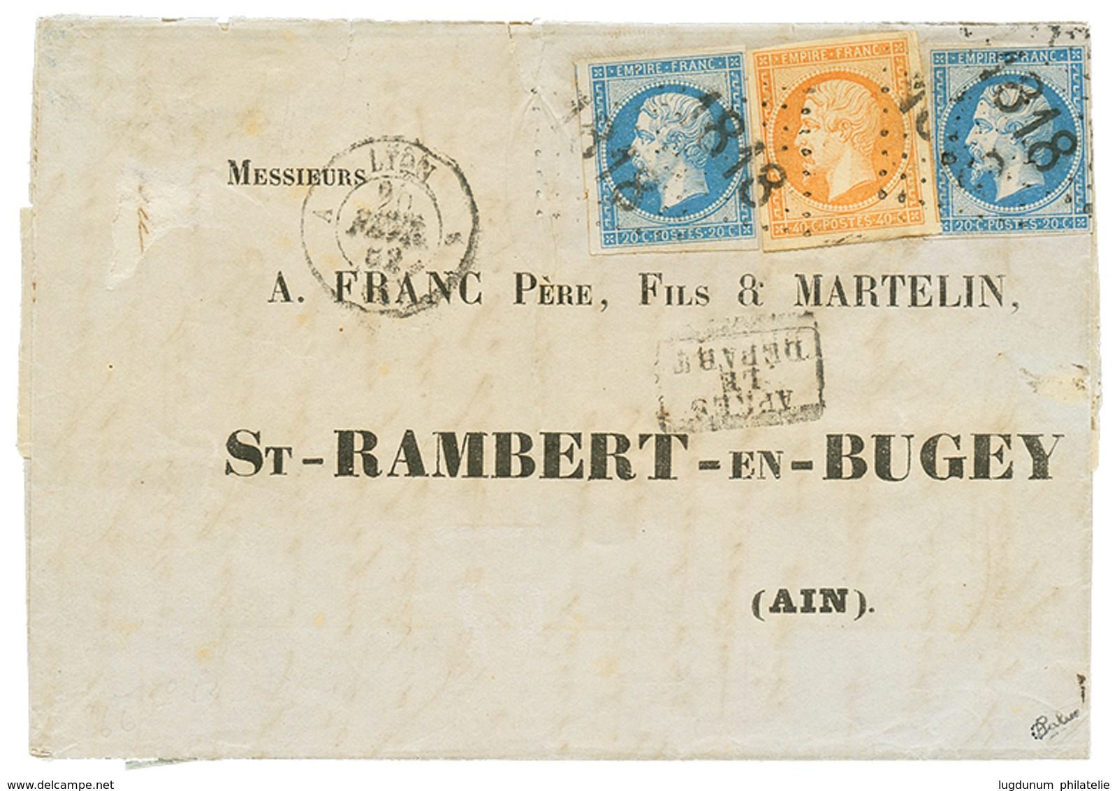 128 "Cachet D' ESSAI 1818 De LYON" : 1852 20(n°14)x2 + 40c(n°16) Obl. Cachet 1818 Baton Sur Lettre De LYON Pour Le BUGEY - Altri & Non Classificati