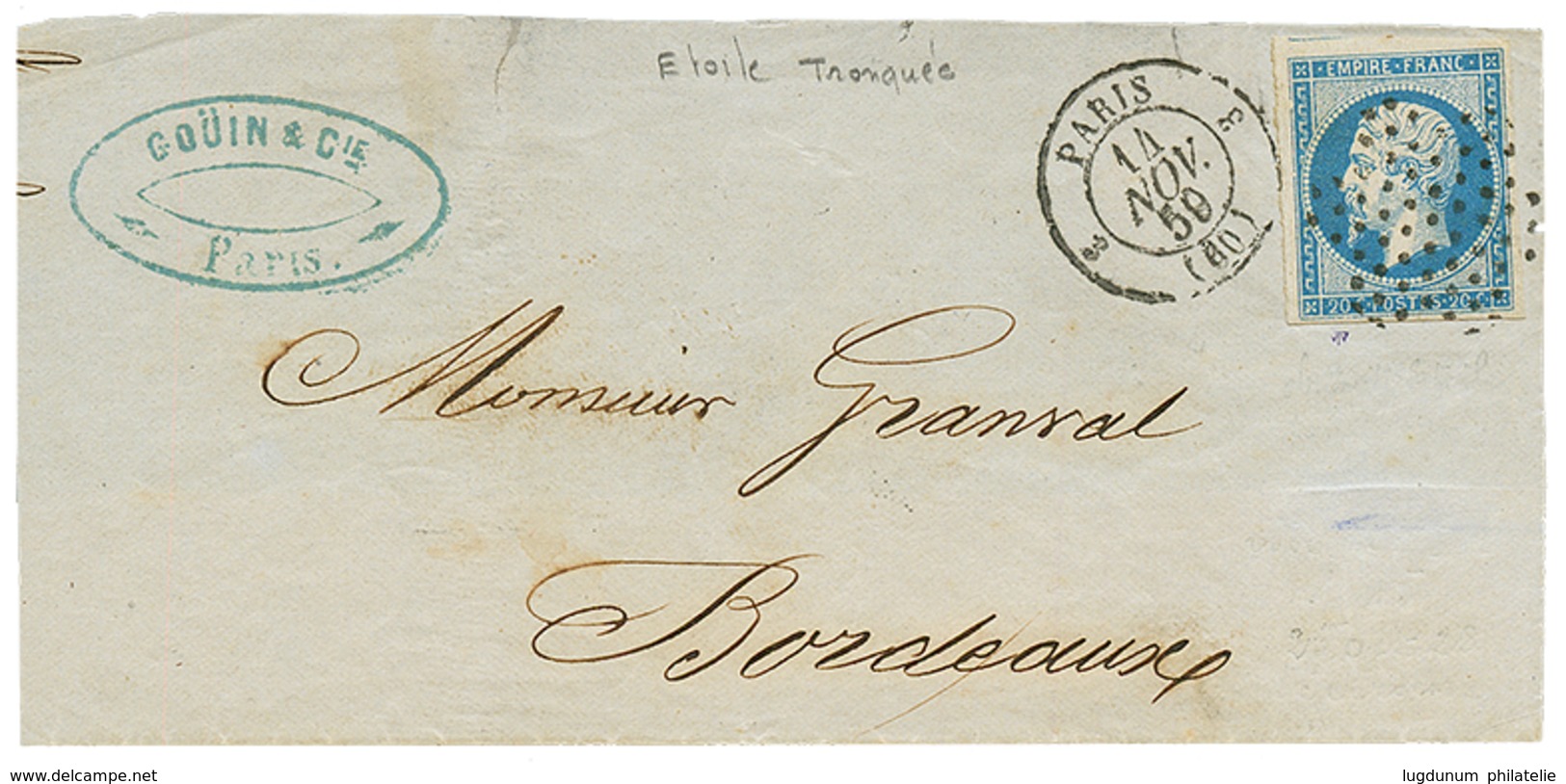 130 "ETOILE Tronquée De PARIS" : 1859 20c(n°14) TTB Margé Obl. ETOILE Tronquée Sur DEVANT De Lettre Pour BORDEAUX. RARET - Sonstige & Ohne Zuordnung