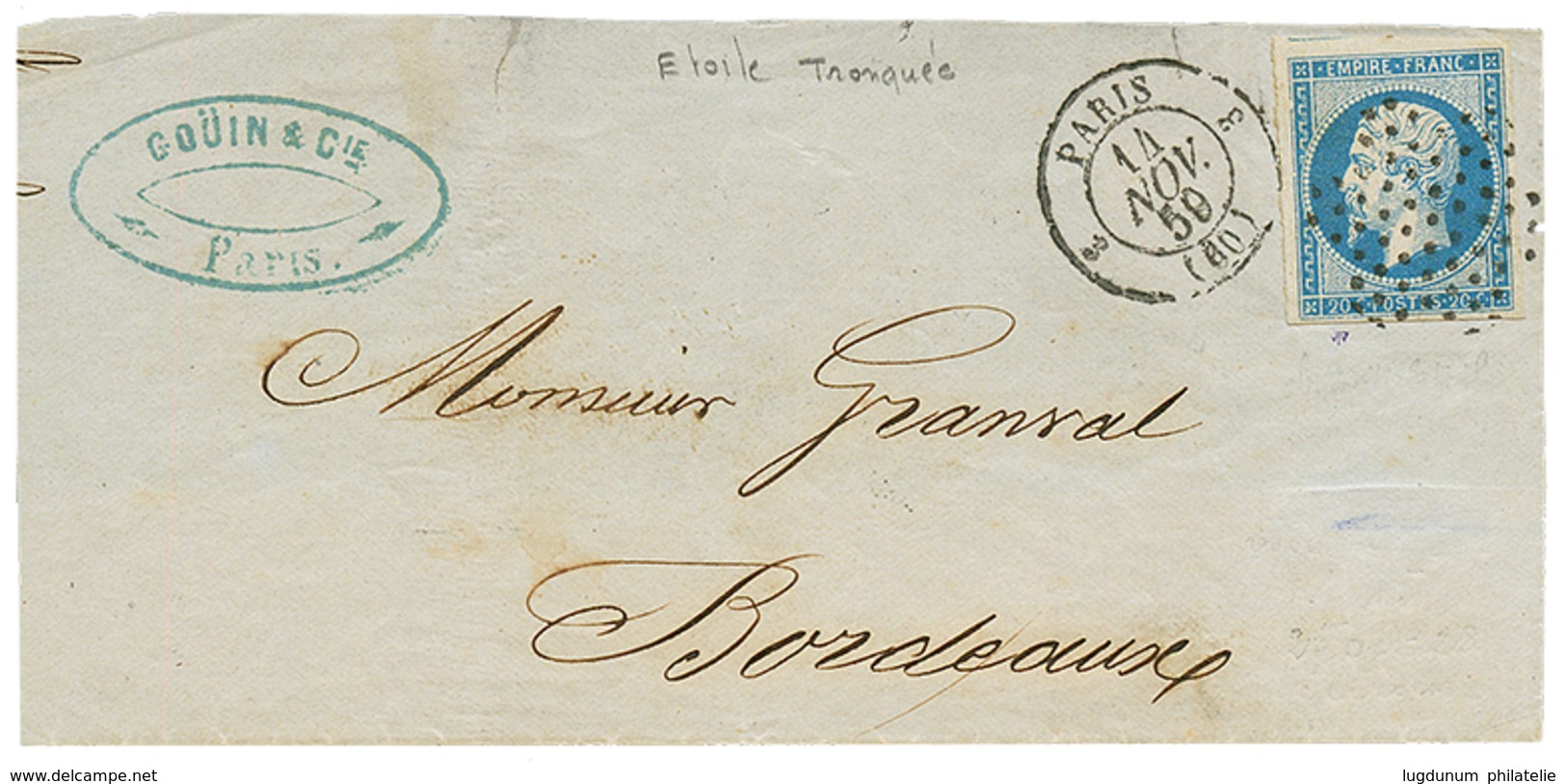 130 "ETOILE Tronquée De PARIS" : 1859 20c(n°14) TTB Margé Obl. ETOILE Tronquée Sur DEVANT De Lettre Pour BORDEAUX. RARET - Altri & Non Classificati