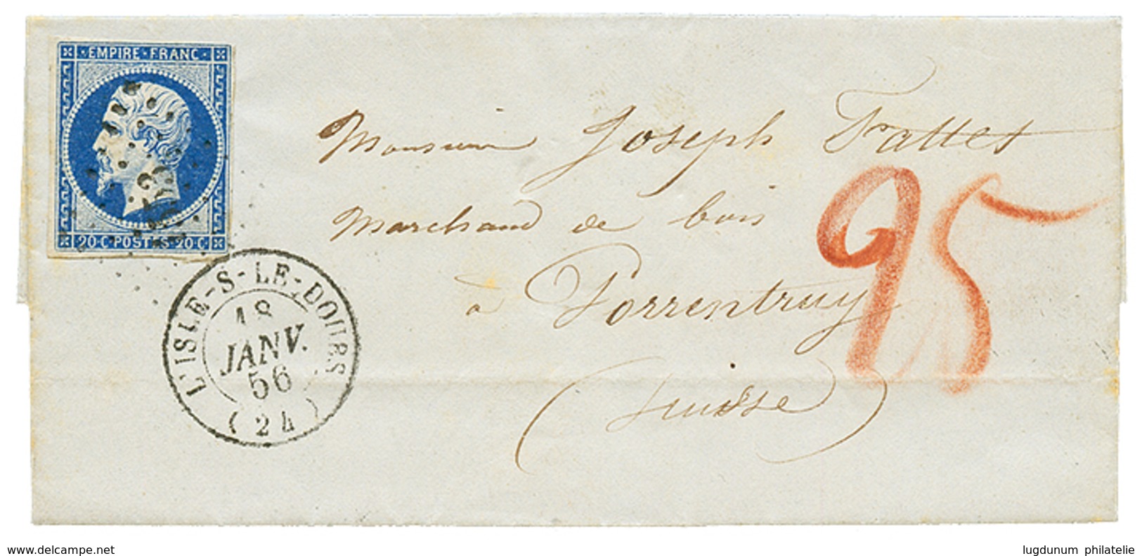 139 1856 20c(n°14) Obl. PC + T.15 L'ISLE-S-LE DOUBS + Taxe 25 Sur Lettre Pour PORRENTRUY(SUISSE). TTB. - Sonstige & Ohne Zuordnung