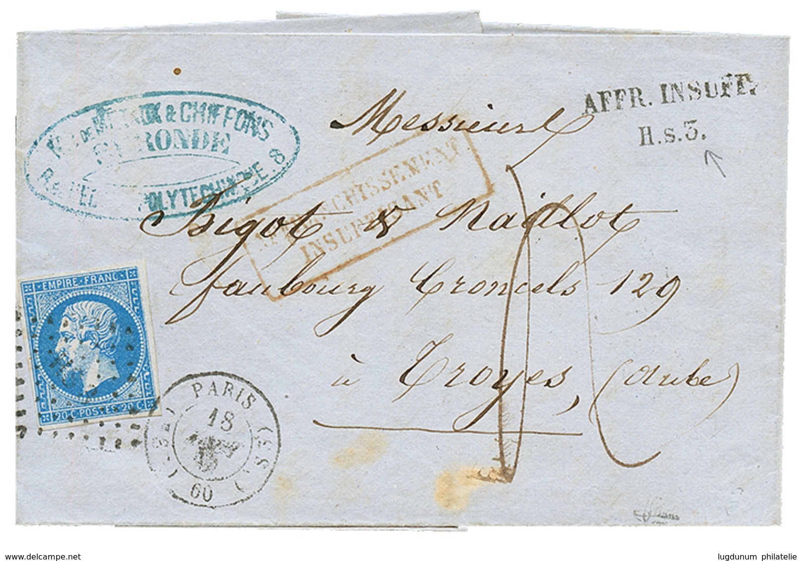 143 "H.S.3" : 1860 20c(n°14) + Taxe 4 + AFFR. INSUFF./ H.s.3 + PARIS S3 Sur Lettre. Signé J.F BRUN. TB. - Other & Unclassified